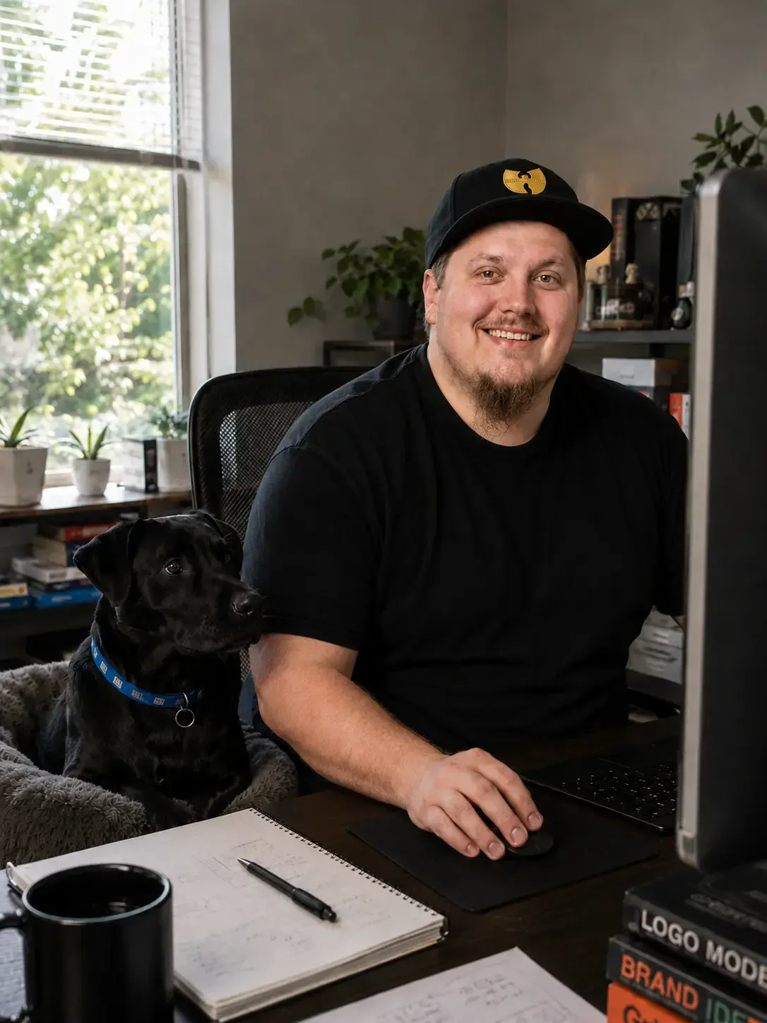 Parker Lee smiling at a desk beside a black dog, with notebooks, a mug, a computer, plants, and bookshelves.