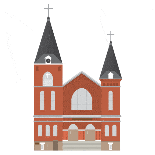 Front view of a red brick church with two tall steeples topped with crosses, arched windows, and entrance steps.