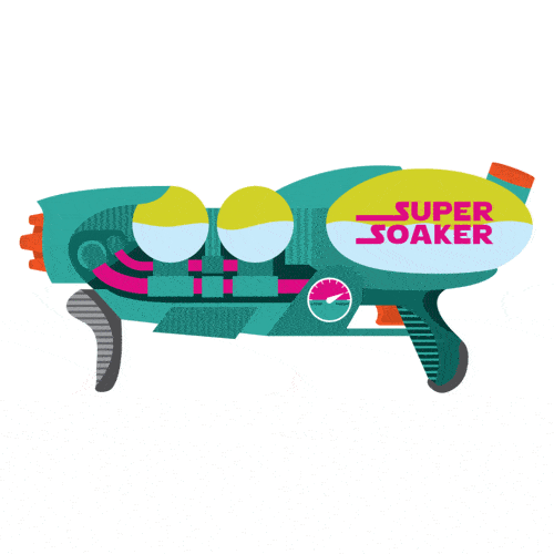 A colorful illustrated toy gun labeled "Super Soaker" with two cartoon characters in goggles inside it.