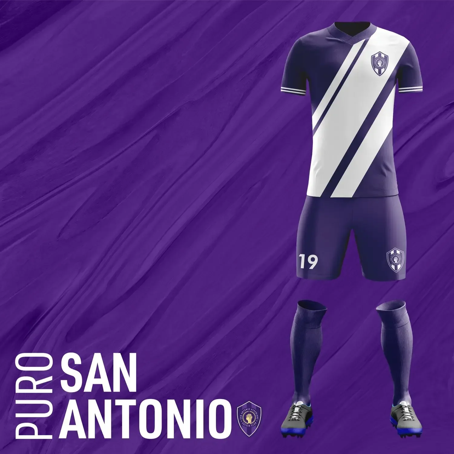 Purple soccer kit with the number 19 and a shield crest.