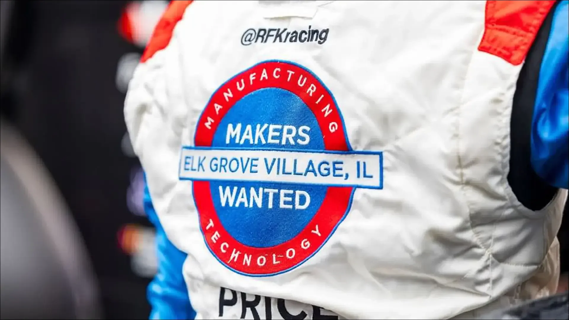 Makers Wanted manufacturing campaign patch on racing suit