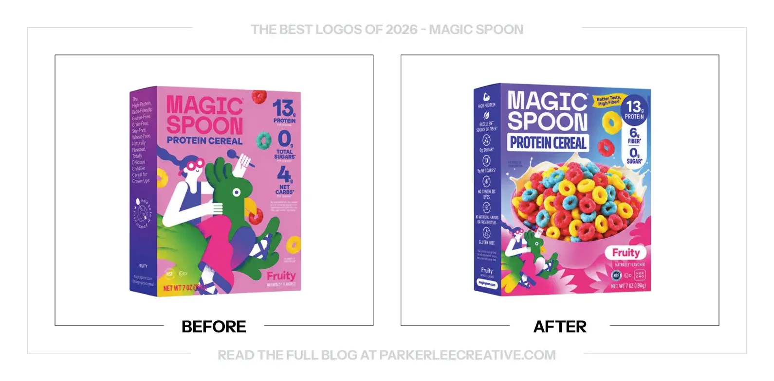 Magic Spoon cereal boxes before and after the packaging refresh, with a larger cereal bowl and reorganized product information.