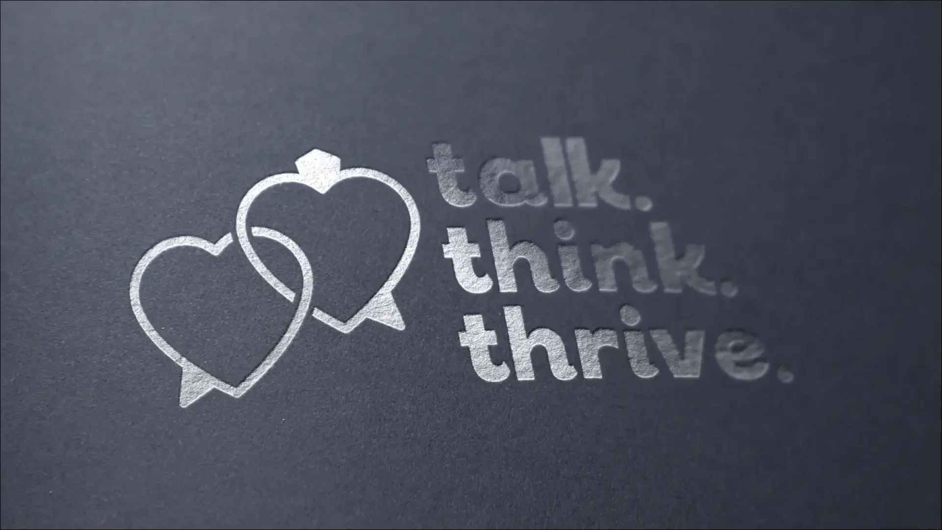 “Talk. Think. Thrive.” speech-bubble logo on a dark background.