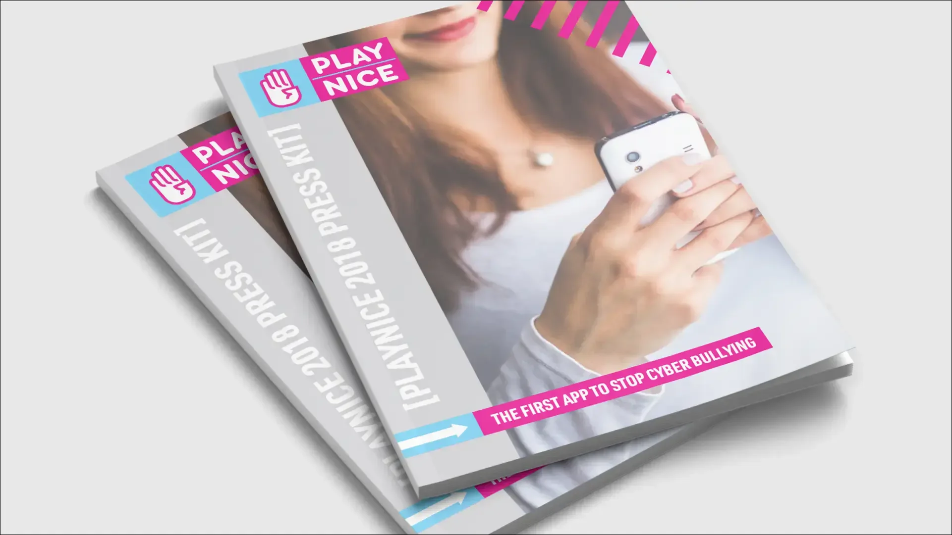 Play Nice cyberbullying prevention app brochure with a woman holding a phone.