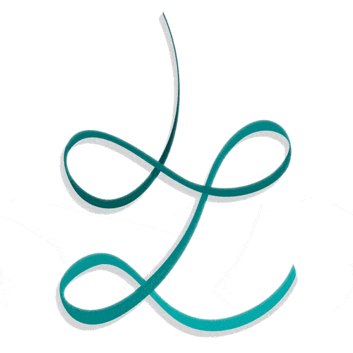 Stylized calligraphic letter 'L' in teal with an elegant flourish.