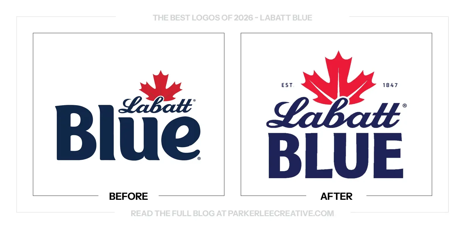 Labatt Blue logo before and after the identity update.