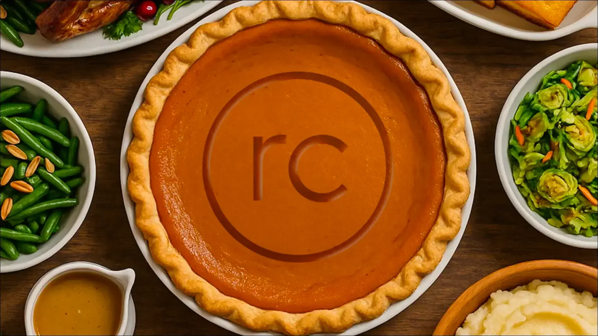 Red Caffeine branded pumpkin pie at holiday table