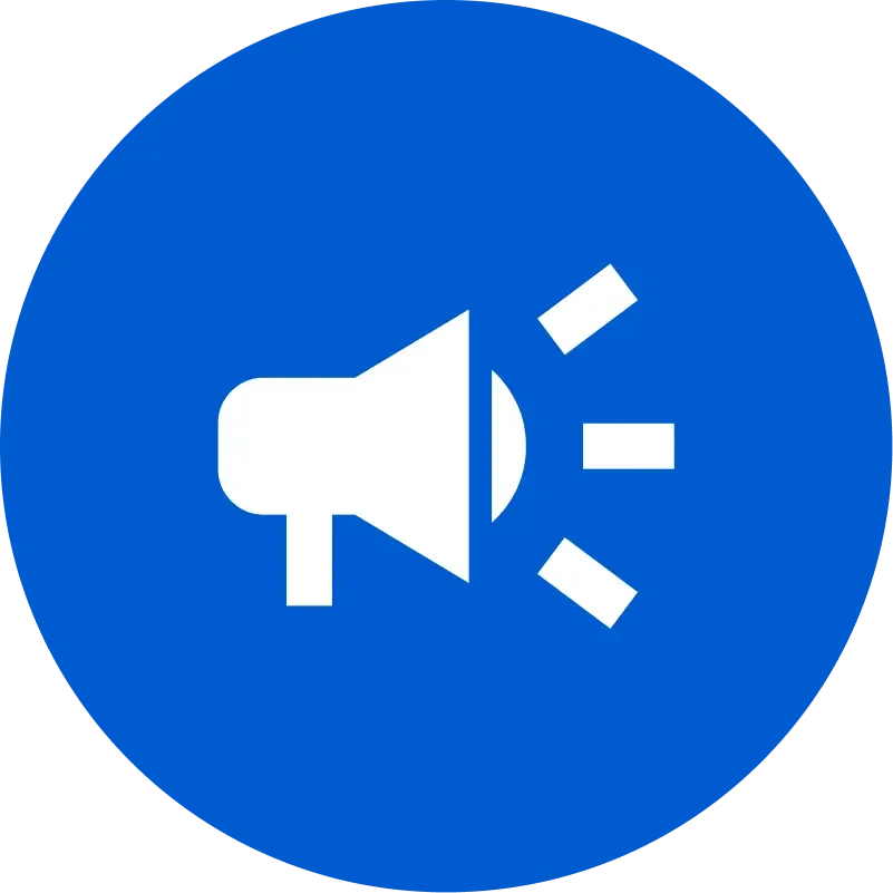 Blue circular icon with a white speaker.
