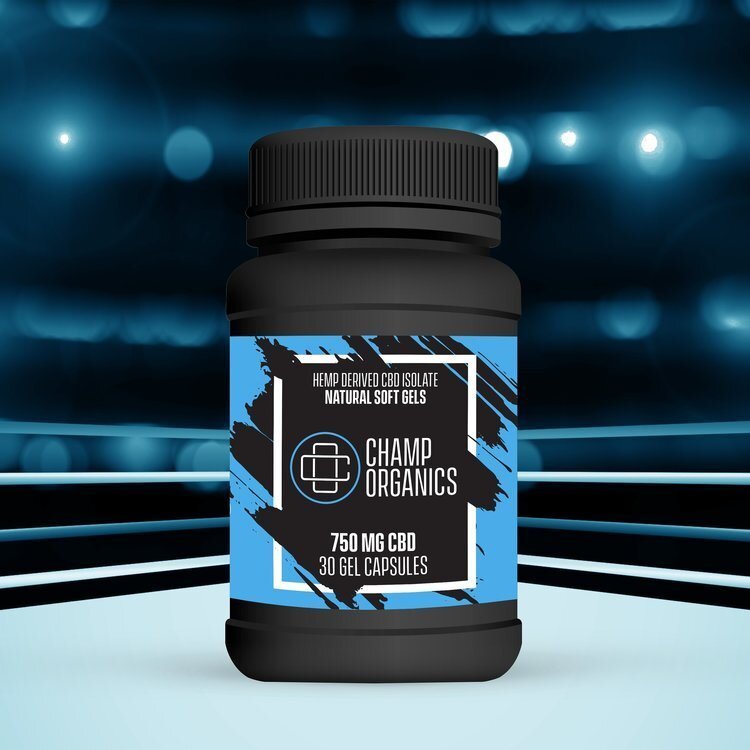 A black bottle labeled Champ Organics with blue and black design, containing 30 gel capsules of CBD. The label indicates 750 mg CBD derived from hemp, in soft gels.