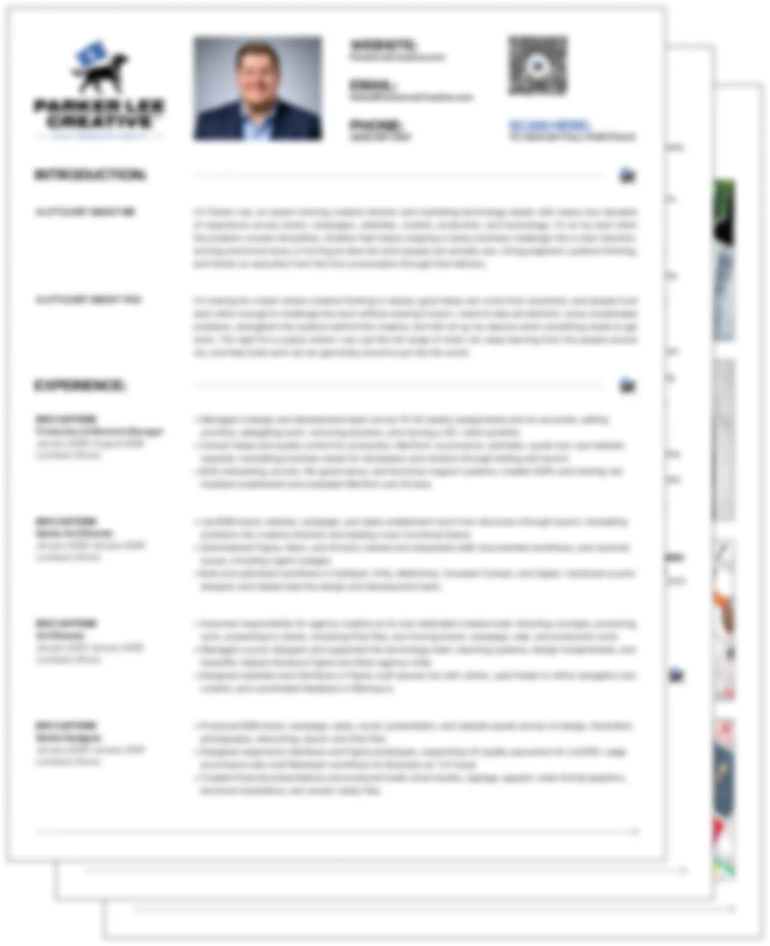 Blurred professional résumé with a portrait, text sections, and icons.