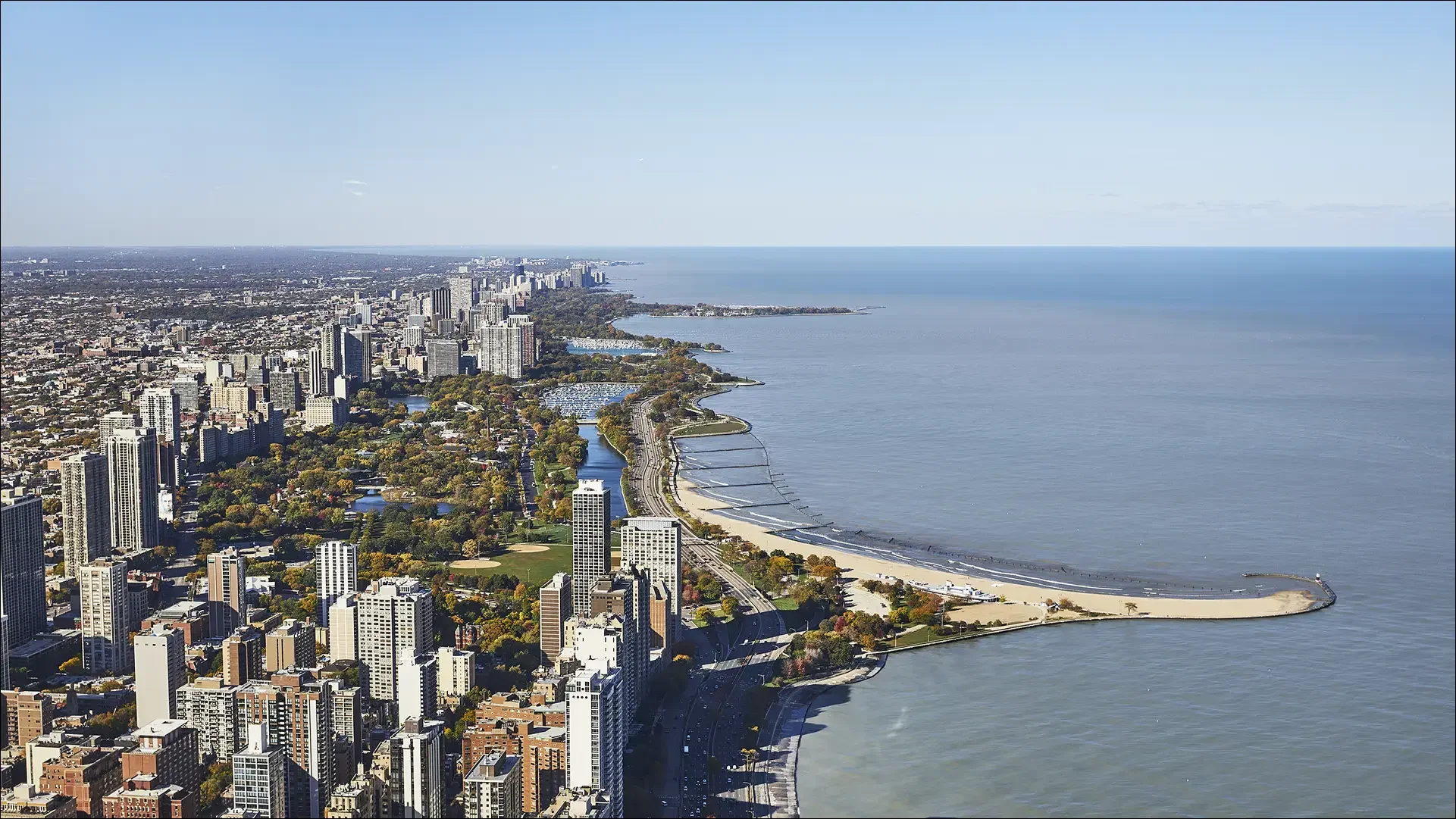 Aerial view of Chicago lakefront and skyline
