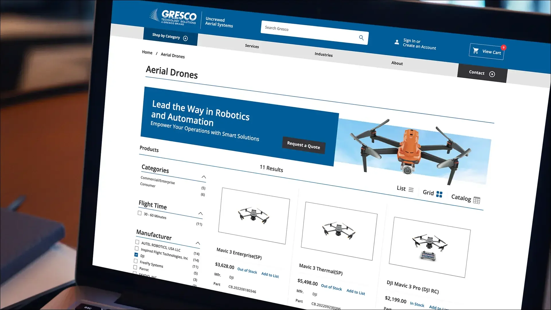 Gresco aerial-drone product catalog displayed on laptop