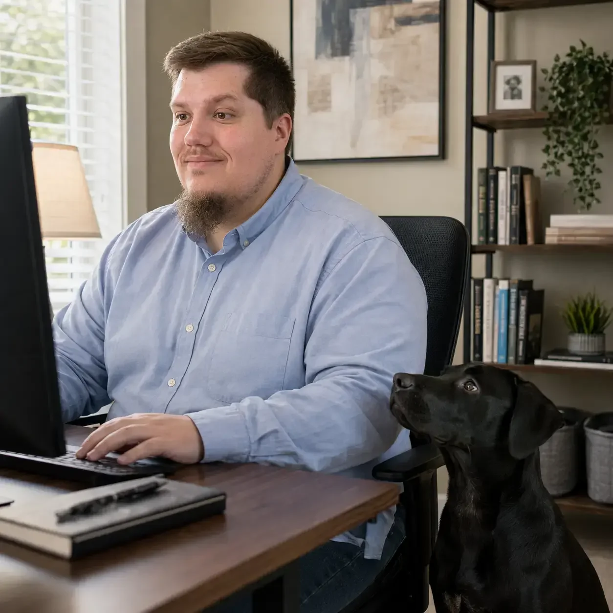 Parker Lee working at his desk with Rookie beside him