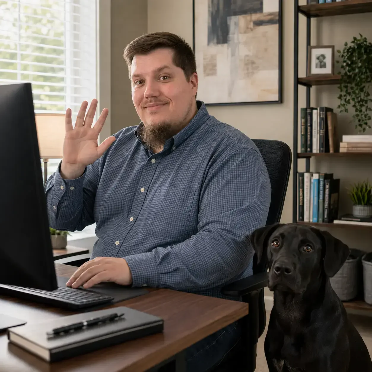 Parker Lee waving from his desk with Rookie nearby