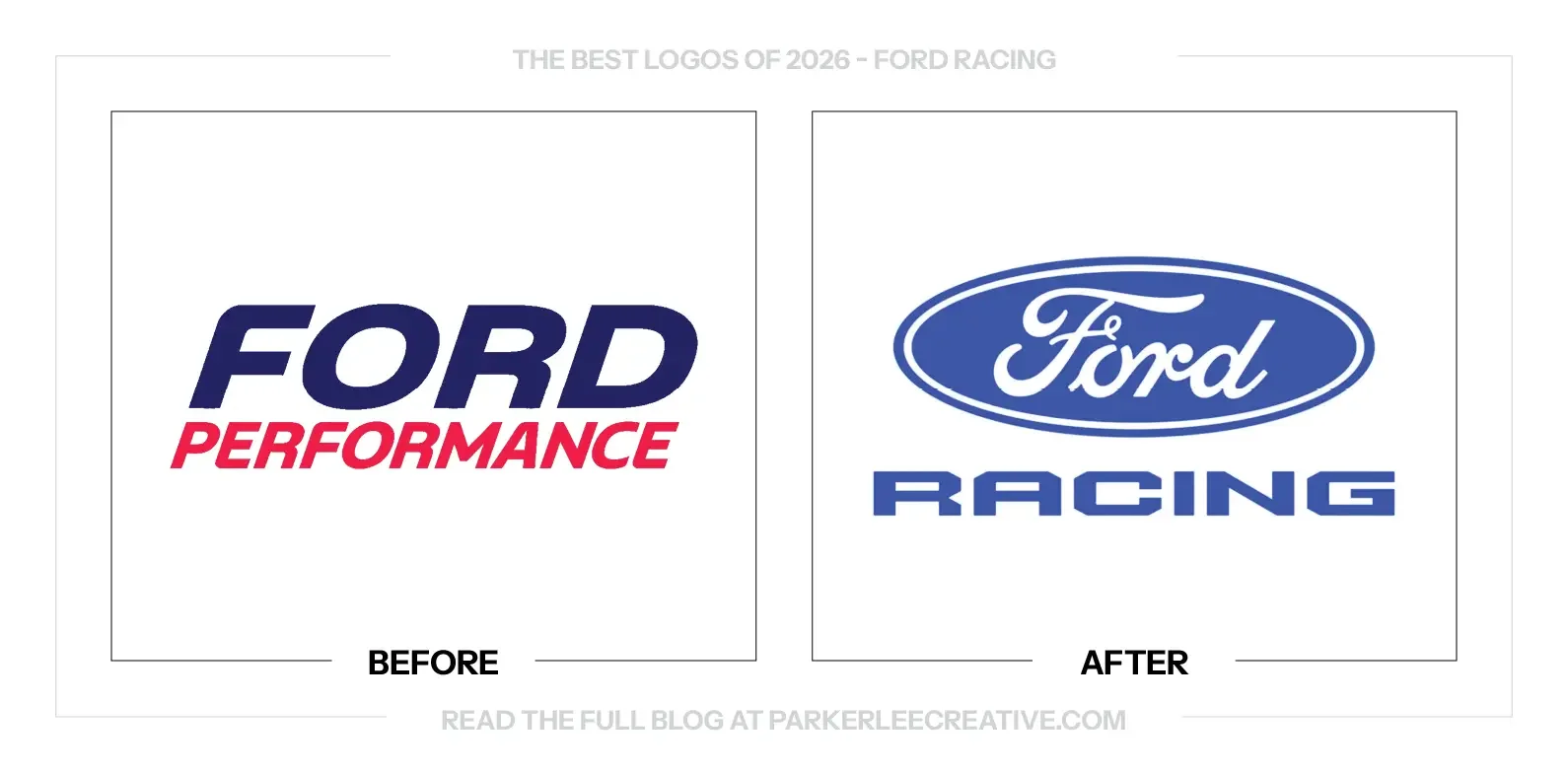 Ford Racing logo before and after the identity update.
