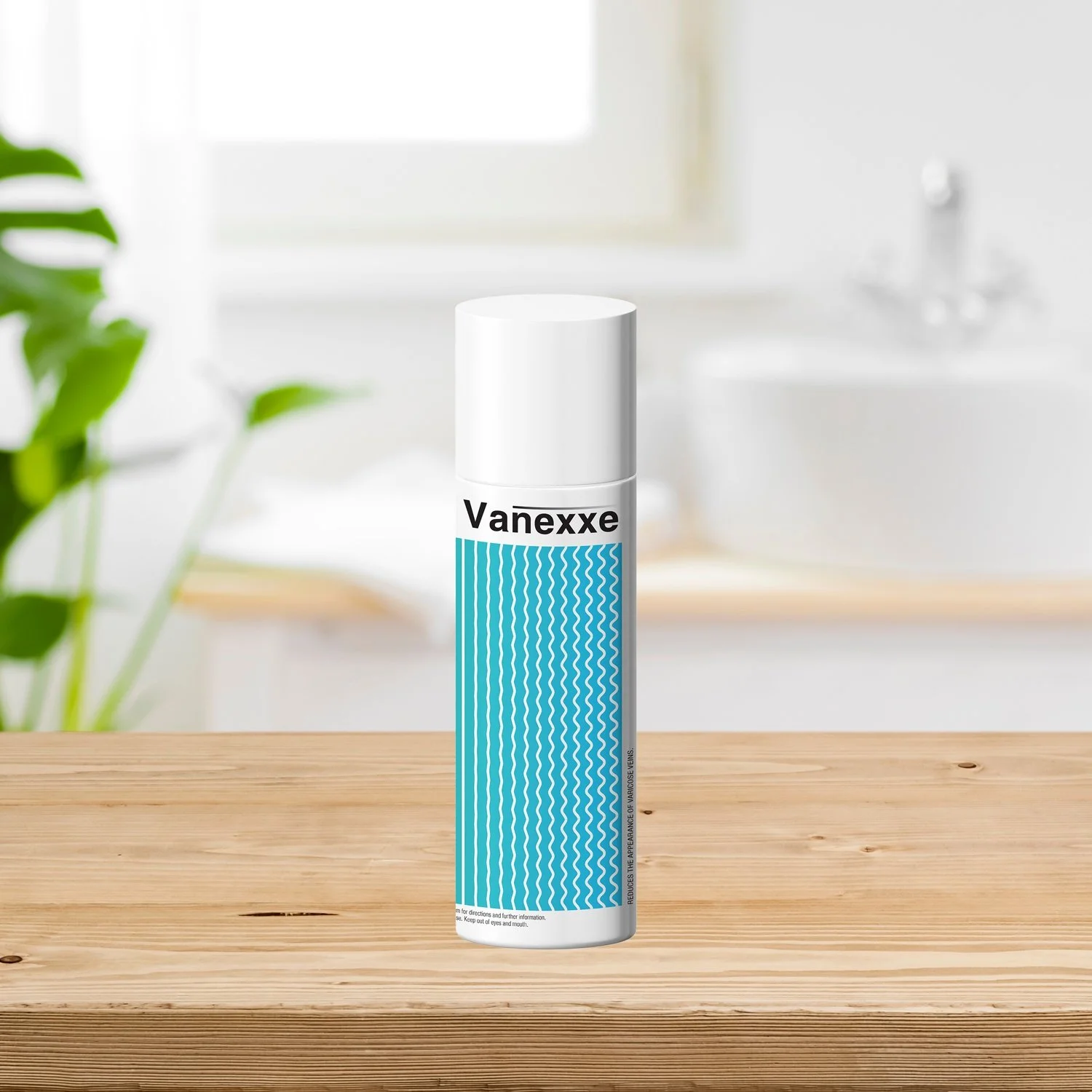 A canister of Vanexxe aerosol spray on a wooden surface in a bright bathroom setting.