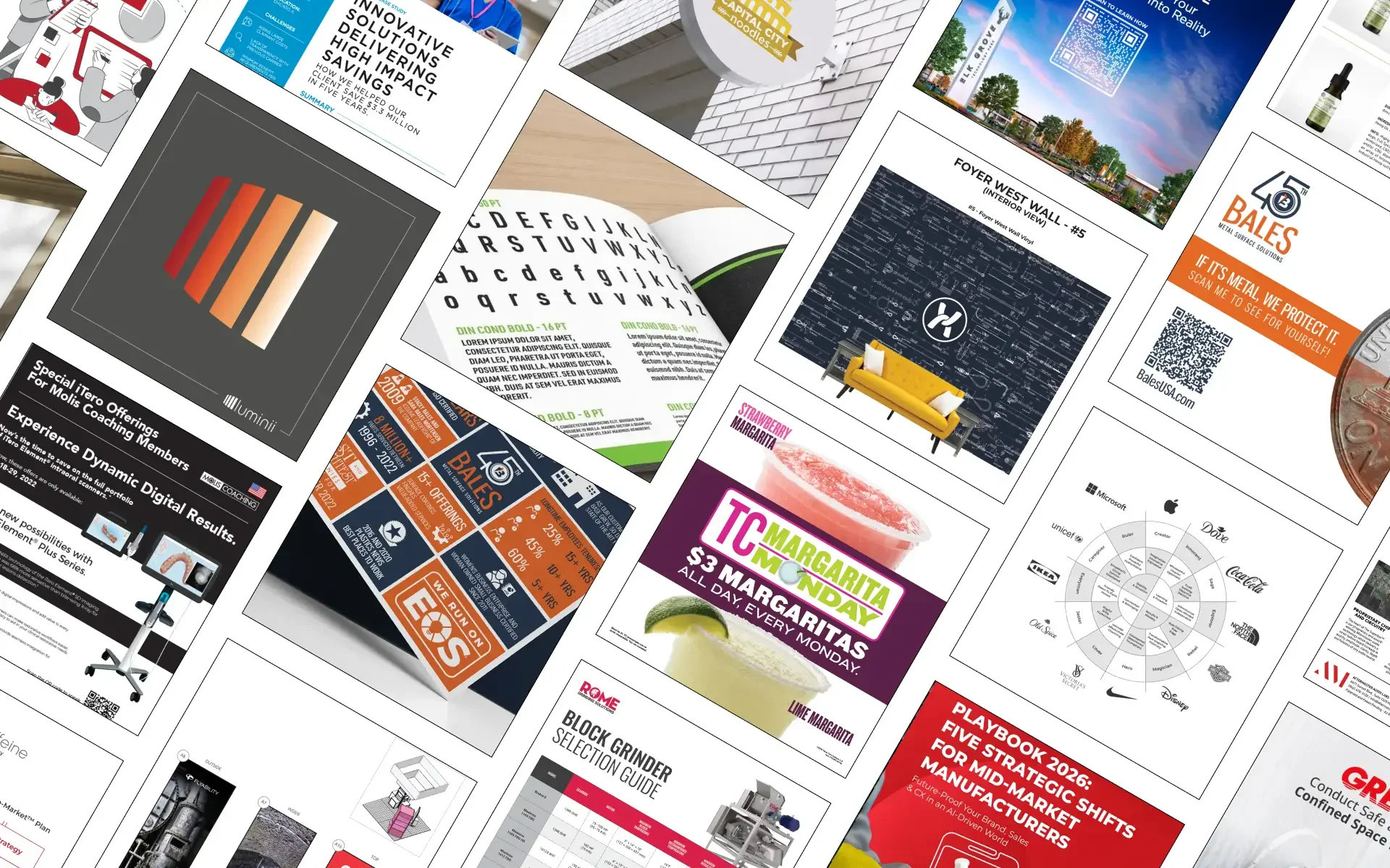 Print and editorial design projects including brochures, ads, and guides