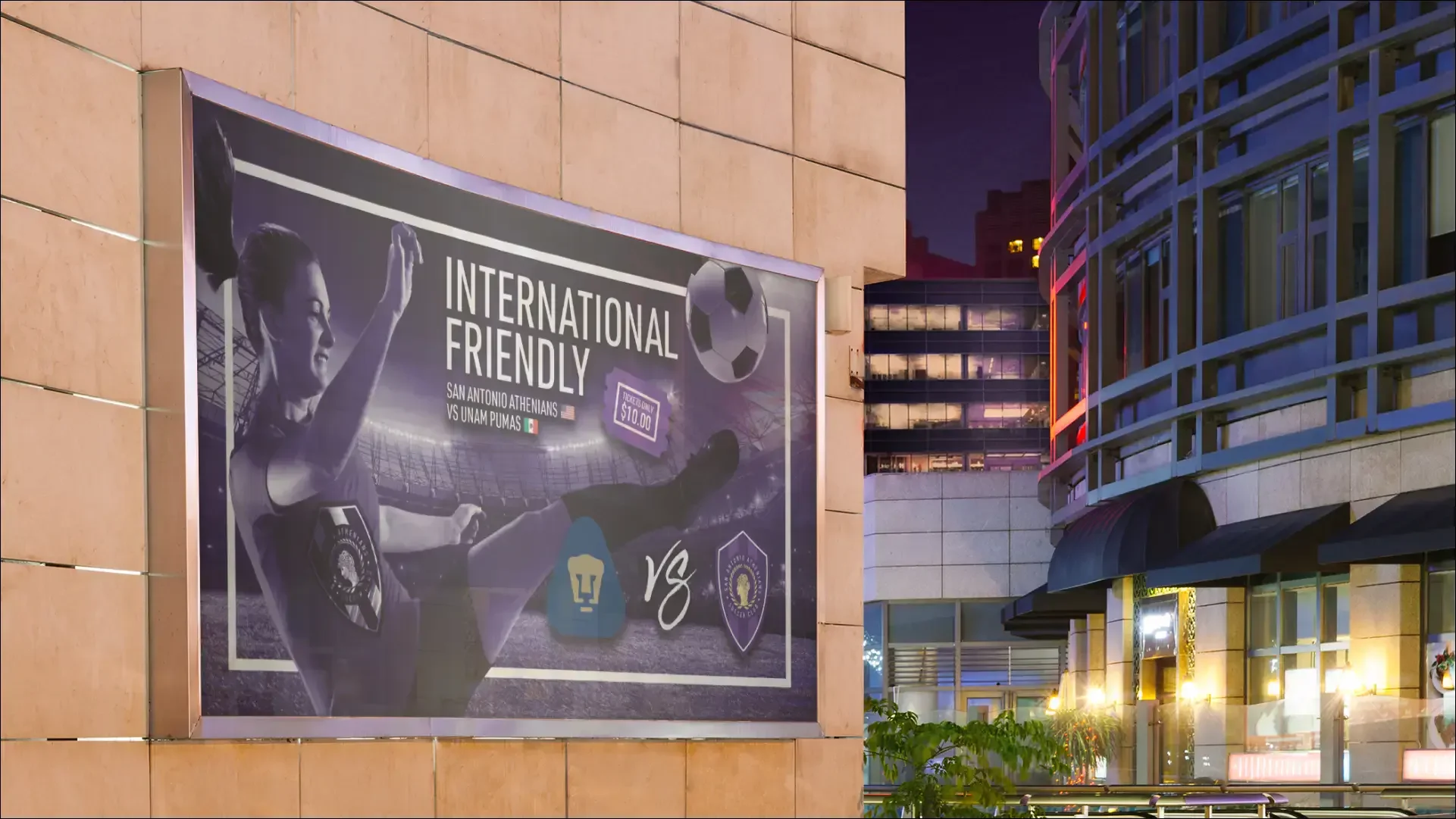 Digital billboard promoting a San Antonio Athenas and UNAM Pumas soccer match.