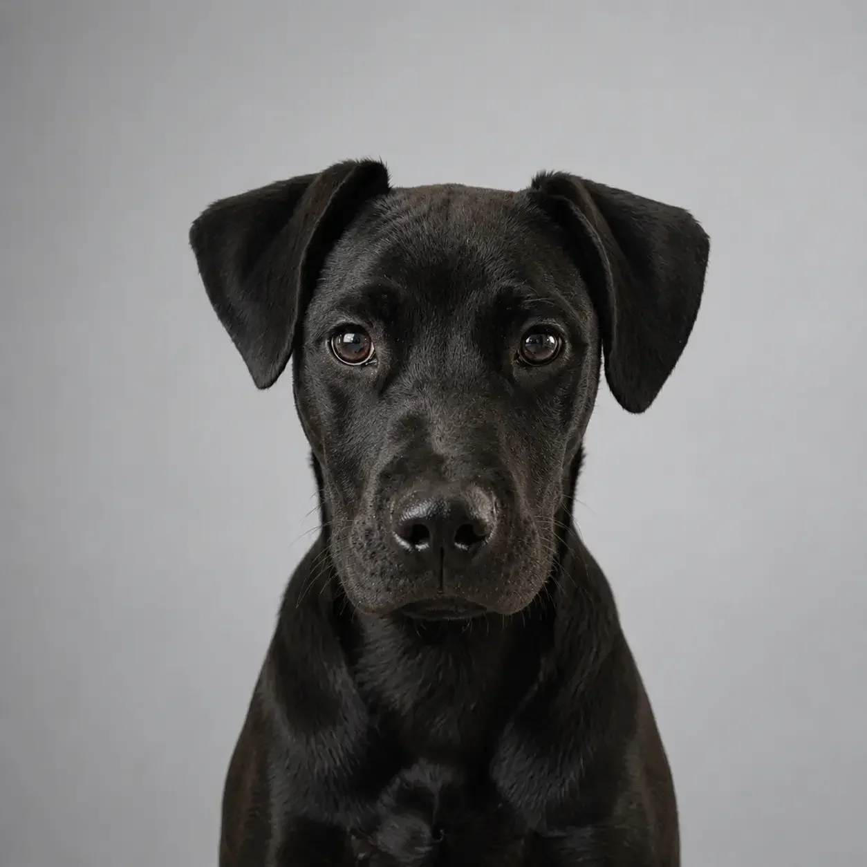Rookie, a black dog, against a gray background