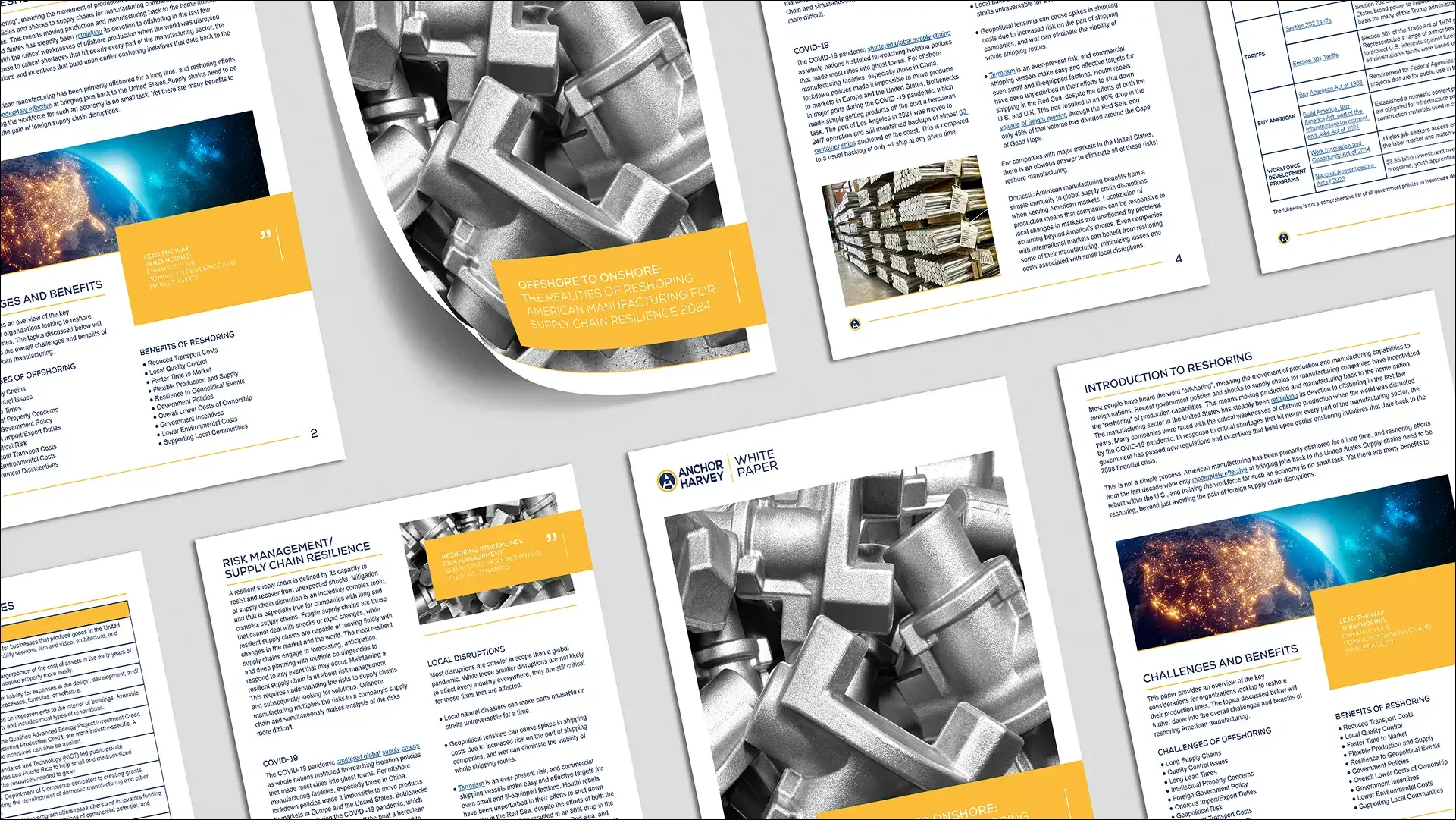 Brochure spread about COVID-19 supply-chain impacts with industrial imagery.