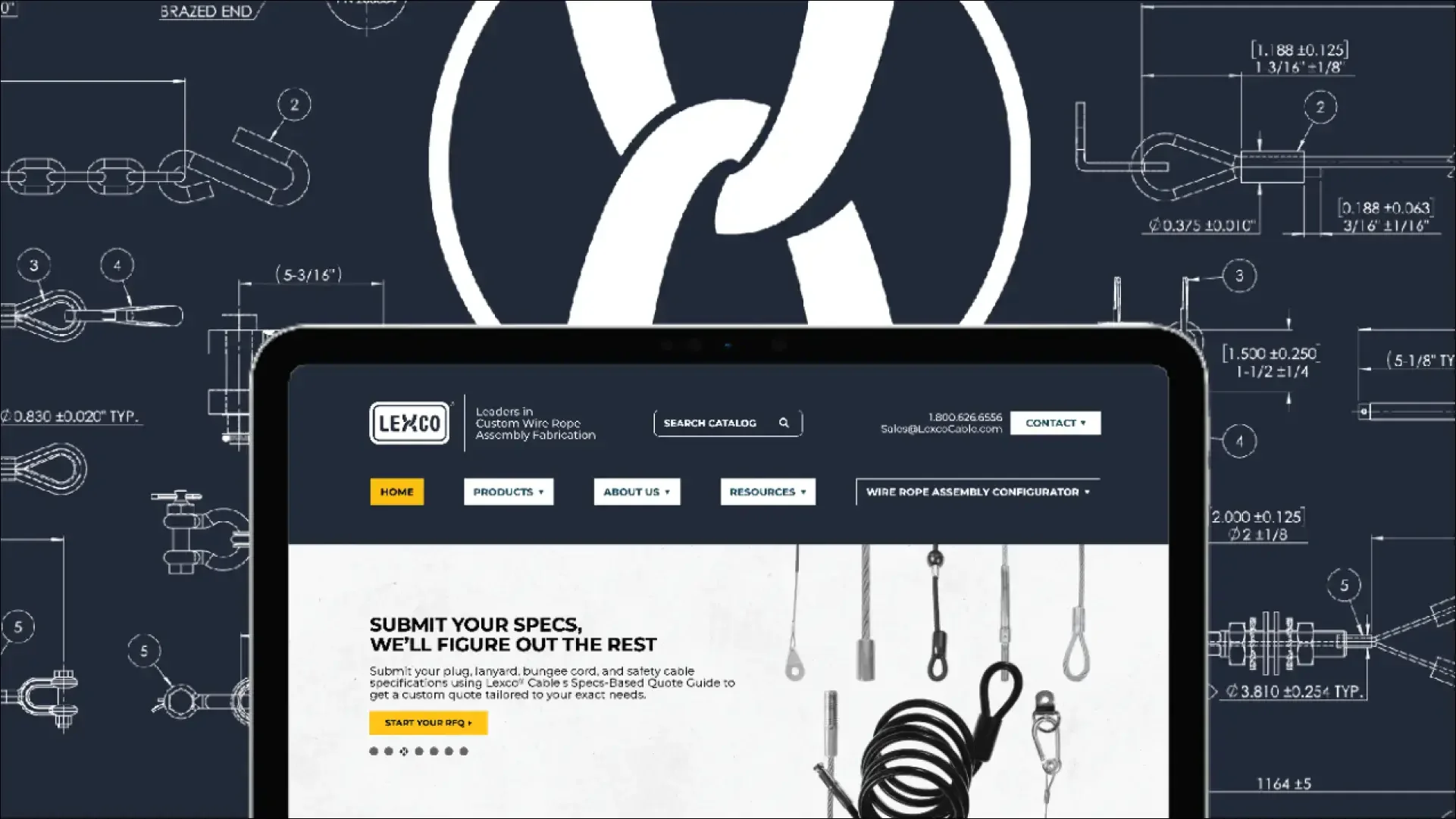 Lexco Cable website displayed over technical cable diagrams.