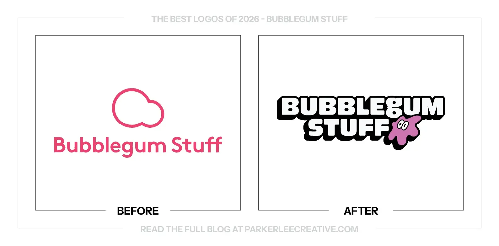 Bubblegum Stuff logo before and after the identity update.