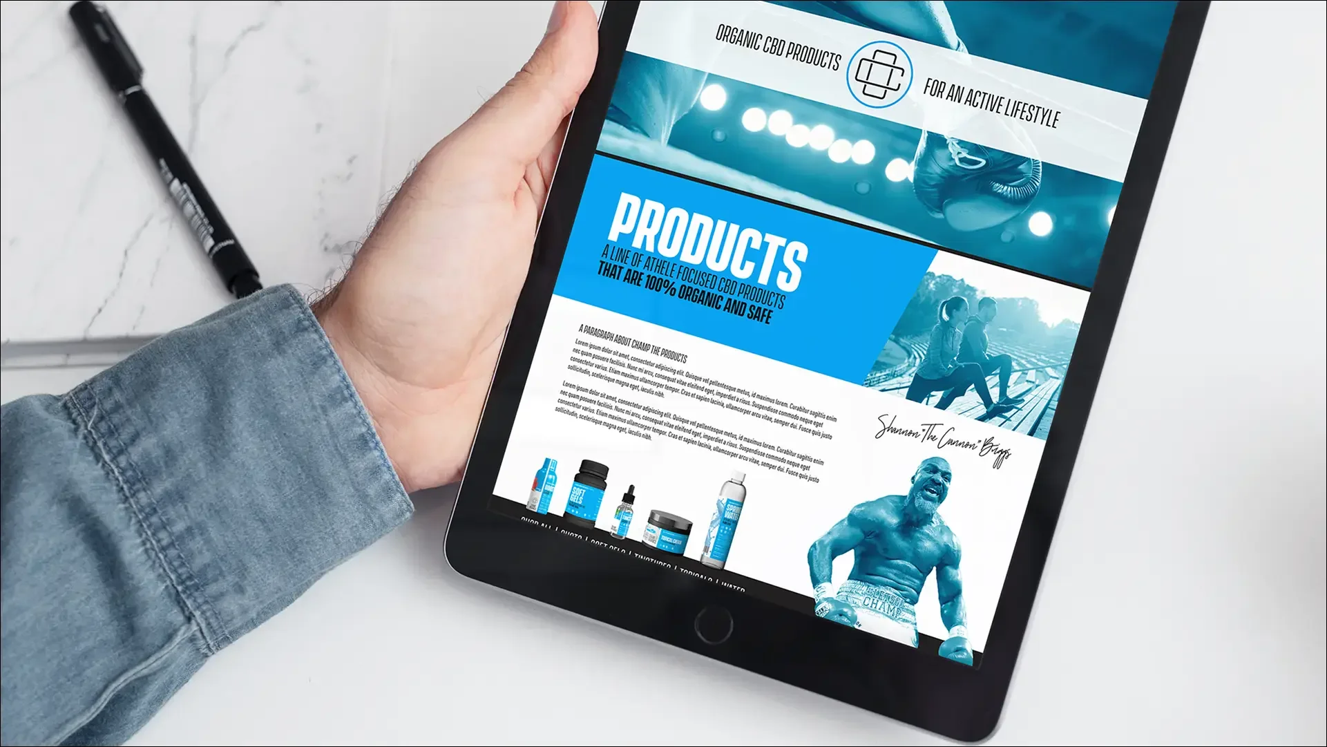 Industrial product website layout displayed on tablet