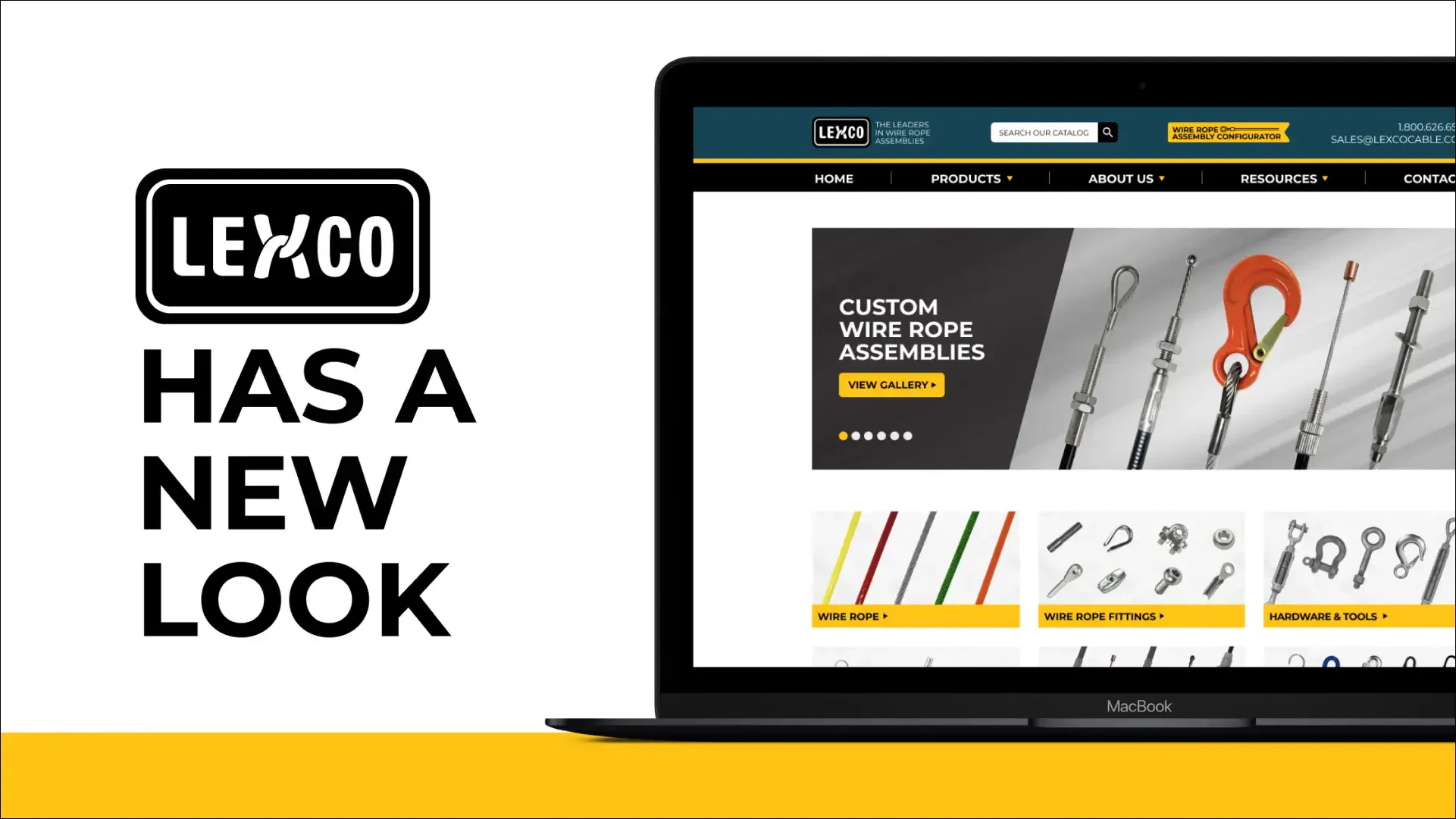 LEXCO website displayed on a laptop with wire-rope assemblies and hardware.