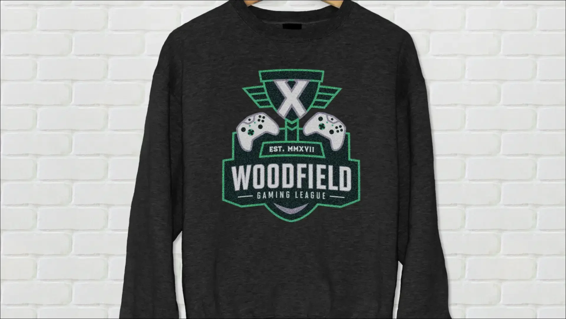 Woodfield Gaming League logo printed on a black sweatshirt.