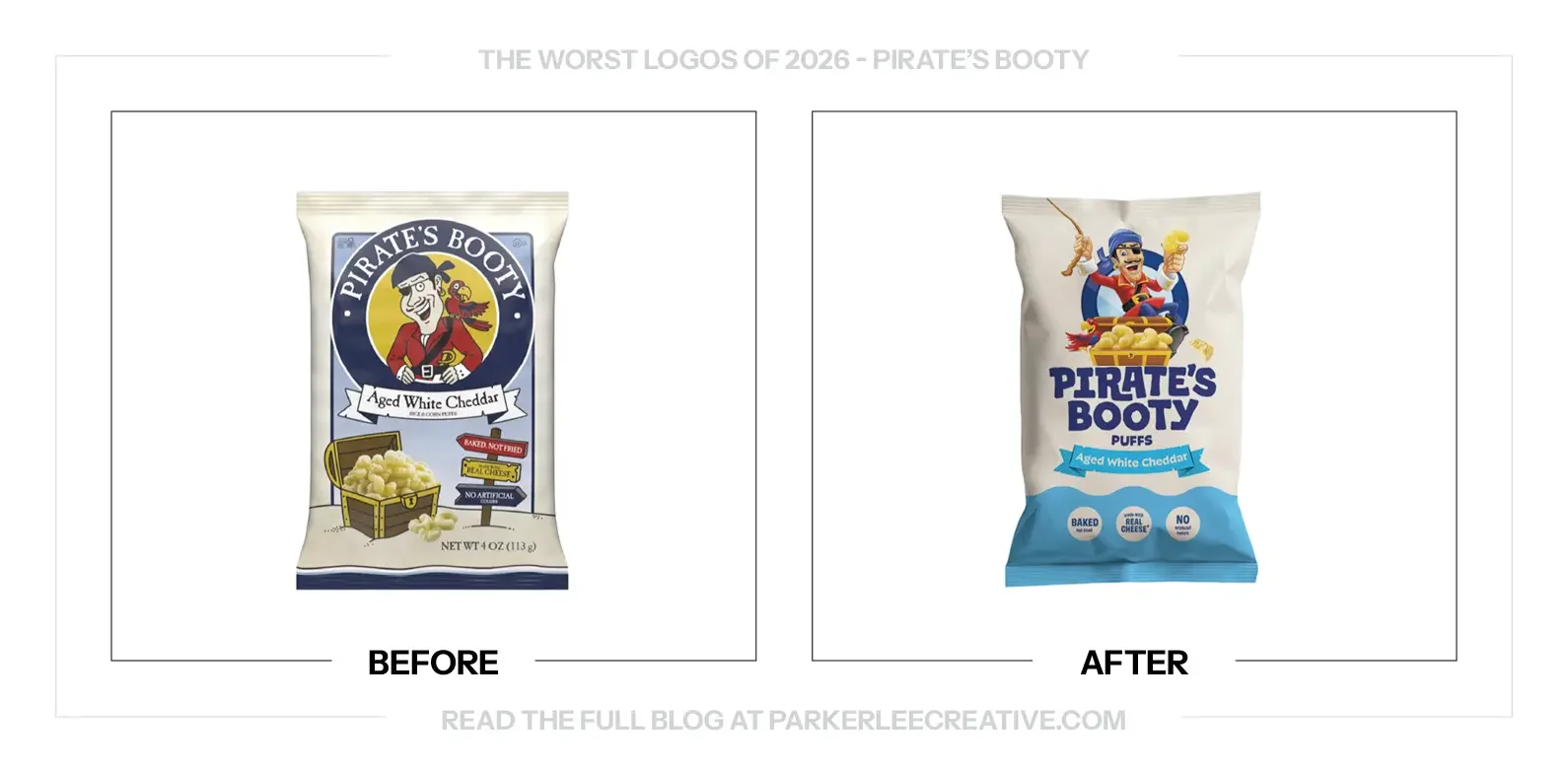 Pirate’s Booty packaging before and after the refresh, showing the revised pirate character, wordmark and bag design.