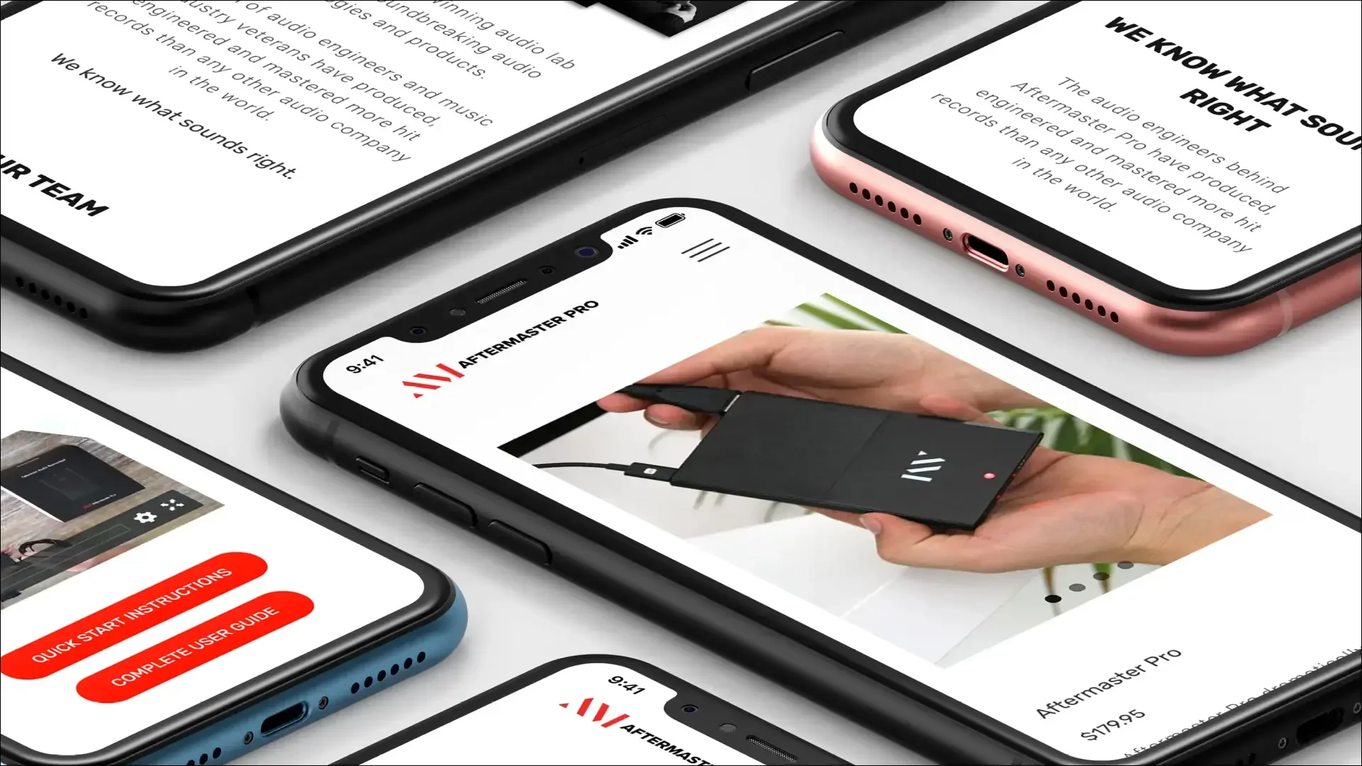 Responsive website designs displayed across several smartphones.
