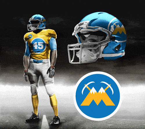Football player in yellow and blue uniform standing next to a football helmet and a logo featuring a mountain and crossed hockey sticks.