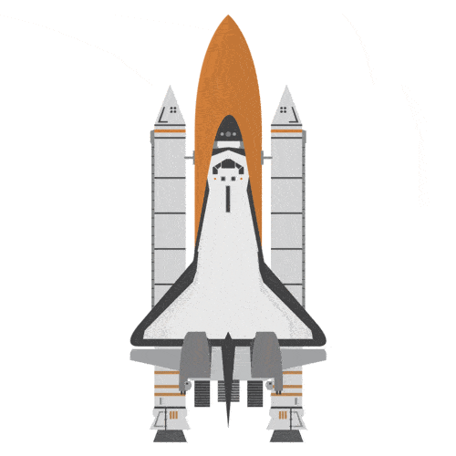 Simple illustration of a space shuttle with a rocket booster and orange external fuel tank.