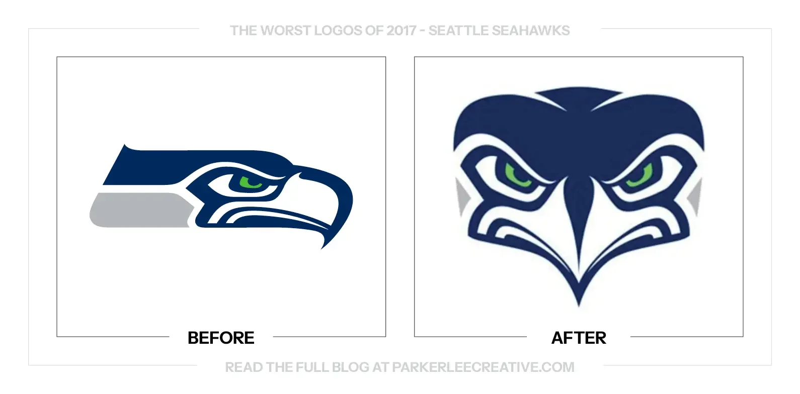 SEATTLE SEAHAWKS logo before and after the 2017 rebrand.
