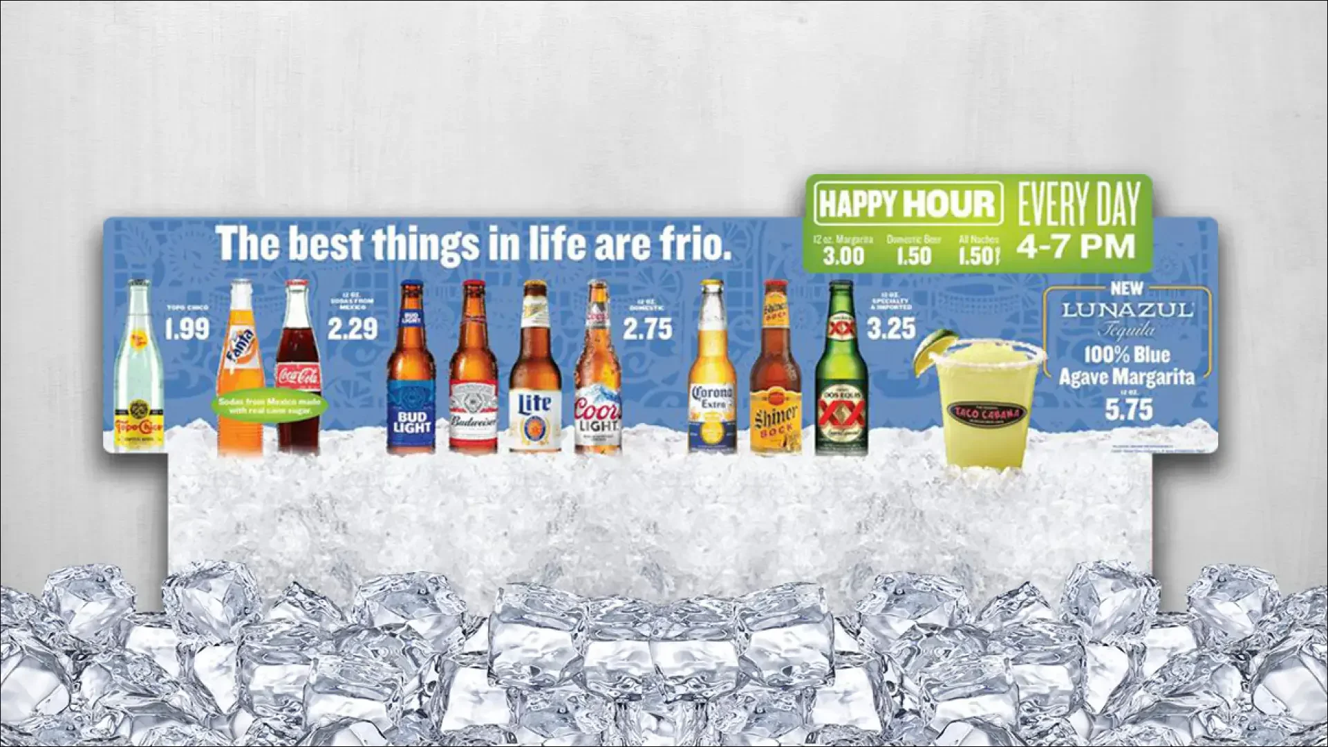Cold beverage promotion with beer, margaritas, and soft drinks displayed on ice.