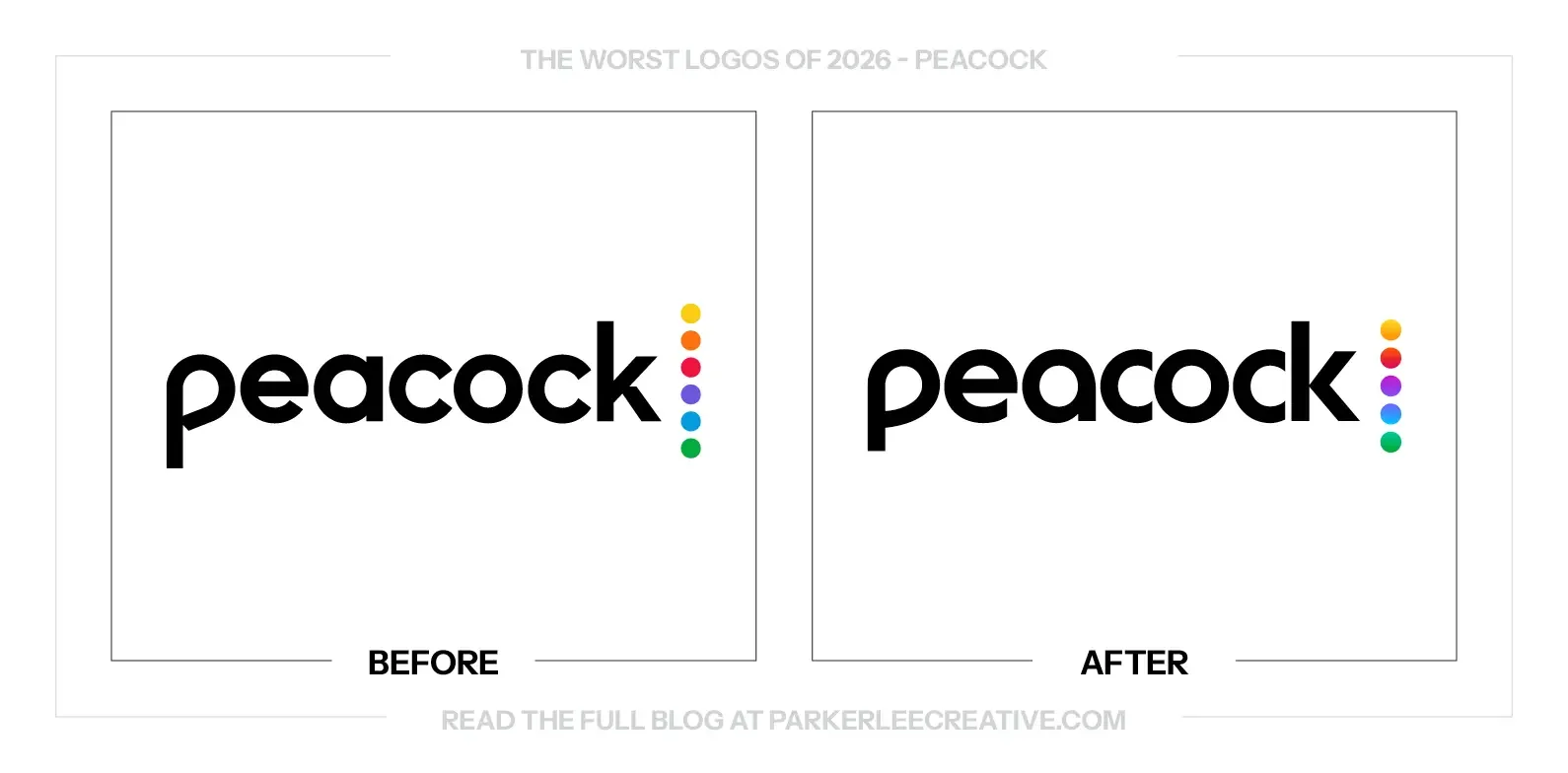 Peacock logo before and after the identity update.