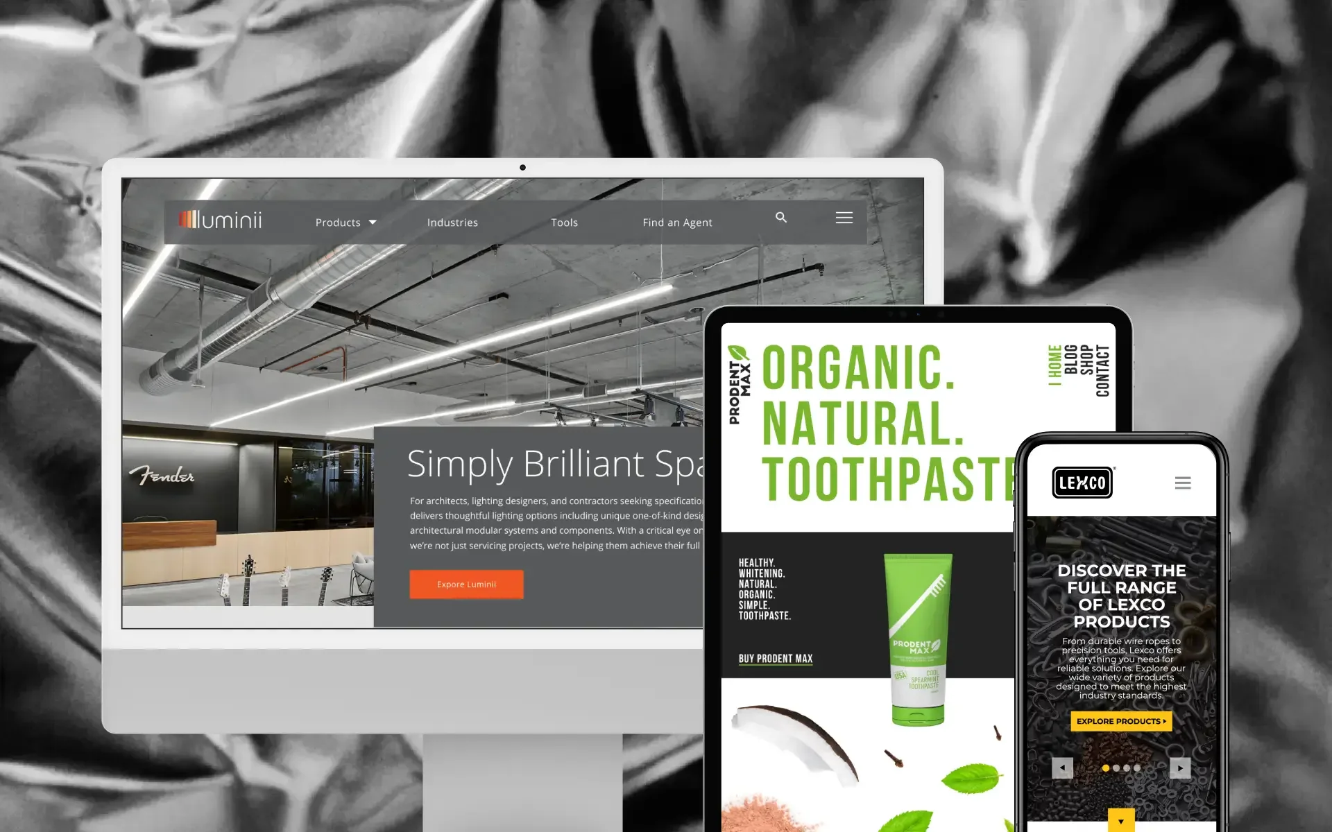 Responsive website designs shown across desktop, tablet, and mobile screens