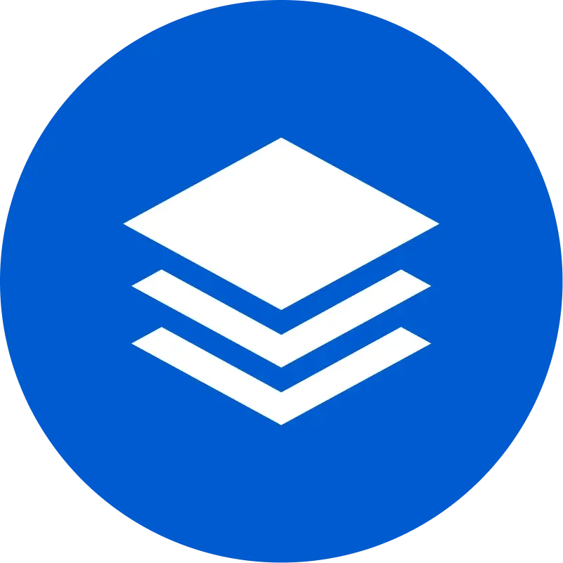 Blue circular icon with white layered rectangles.