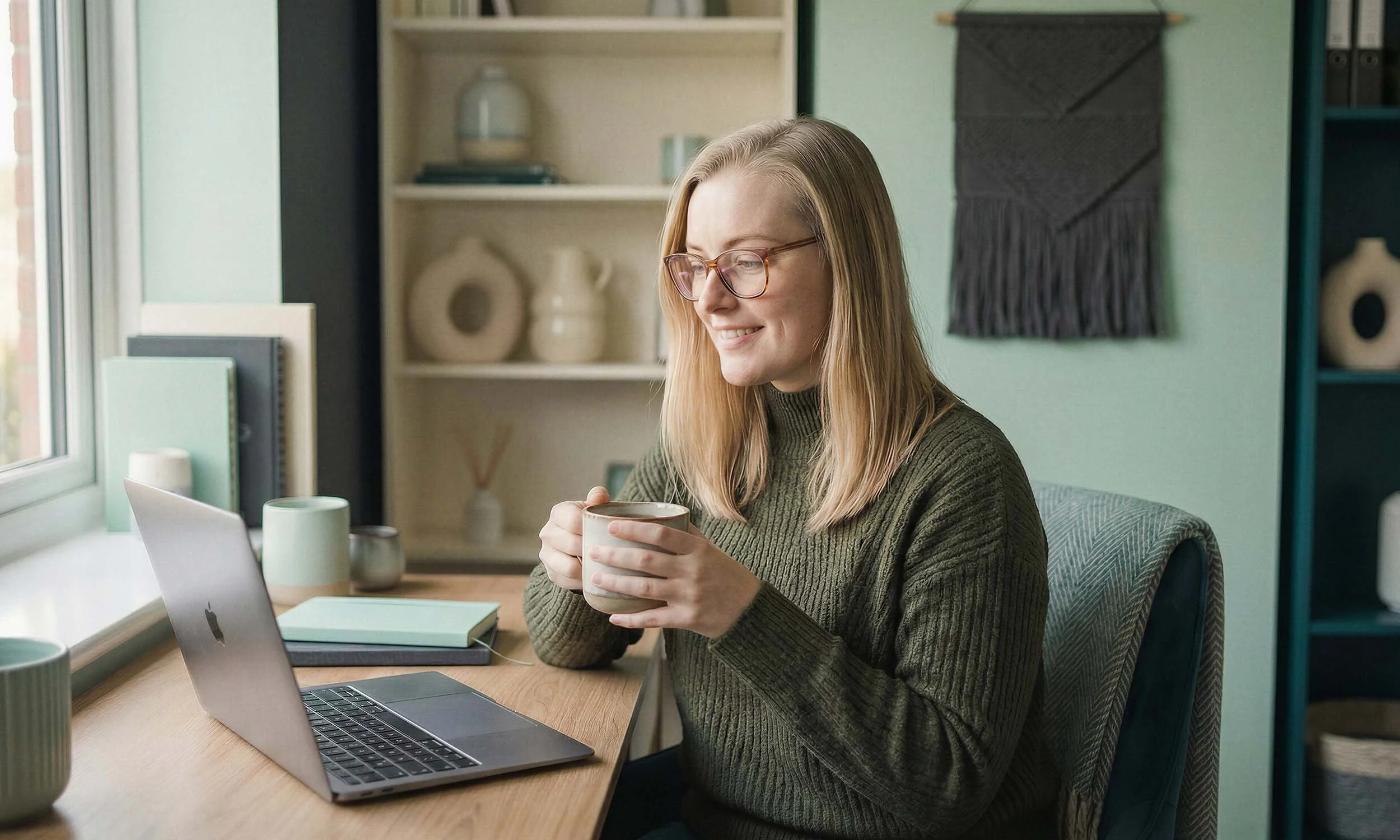 Woman with glasses and long blonde hair, wearing a green sweater, sitting at a desk near a window, holding a beige mug, with a laptop, books, and decorative objects in a cozy home office.