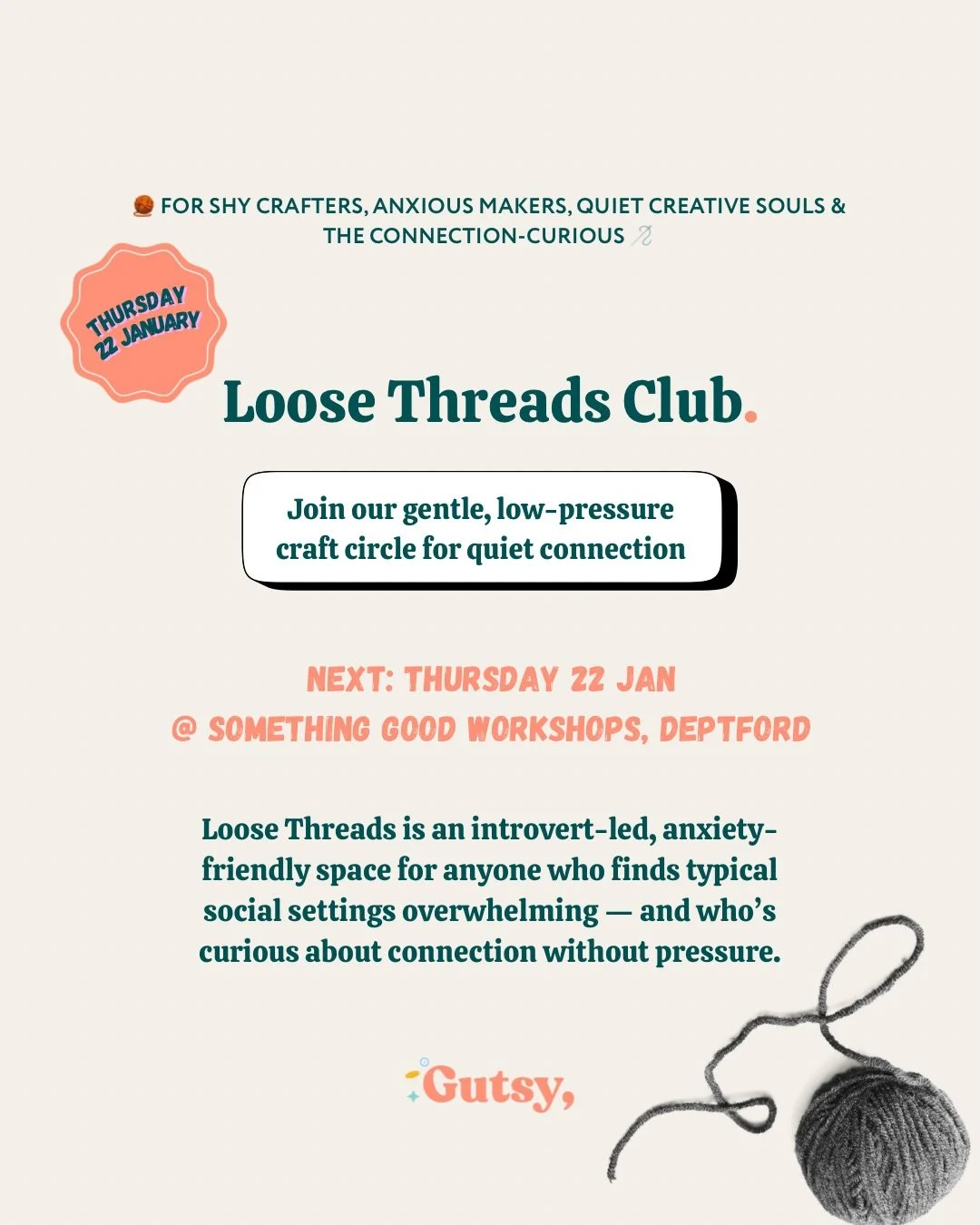We have a lovely bunch signed up for Loose Threads Club tomorrow. Still a few spots left if you&rsquo;d like to join us for a gentle crafty hang 🪡🧵☕️

Come along to @SomethingGoodWorkshops in Deptford
🎟️ Totally free (teas and drinks for sale)
6.3