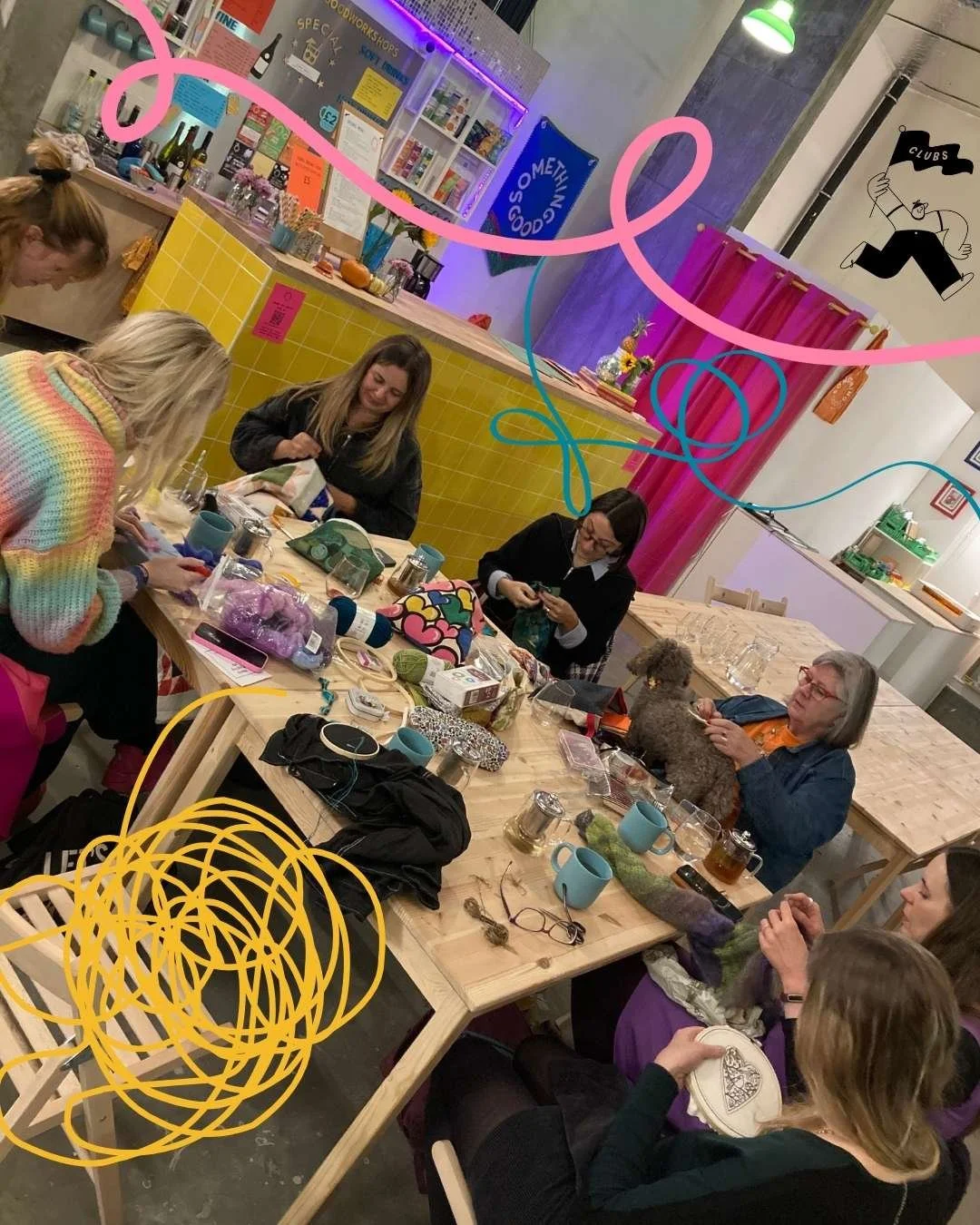 Group of people sitting around a table at Loose Threads club doing crafts and drinking tea. Looping, tangled threads drawn over the image.