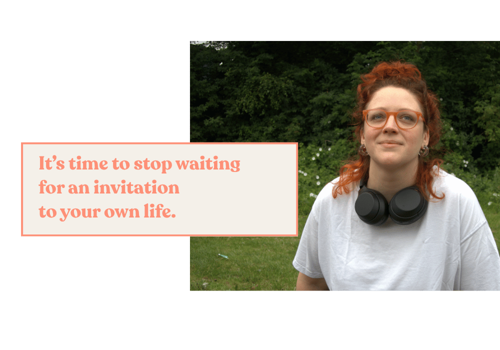 Susannah, founder of Gutsy, sits peacefully in a park, smiling to herself with a sense of quiet confidence. Text overlay: “It’s time to stop waiting for an invitation to your own life.”