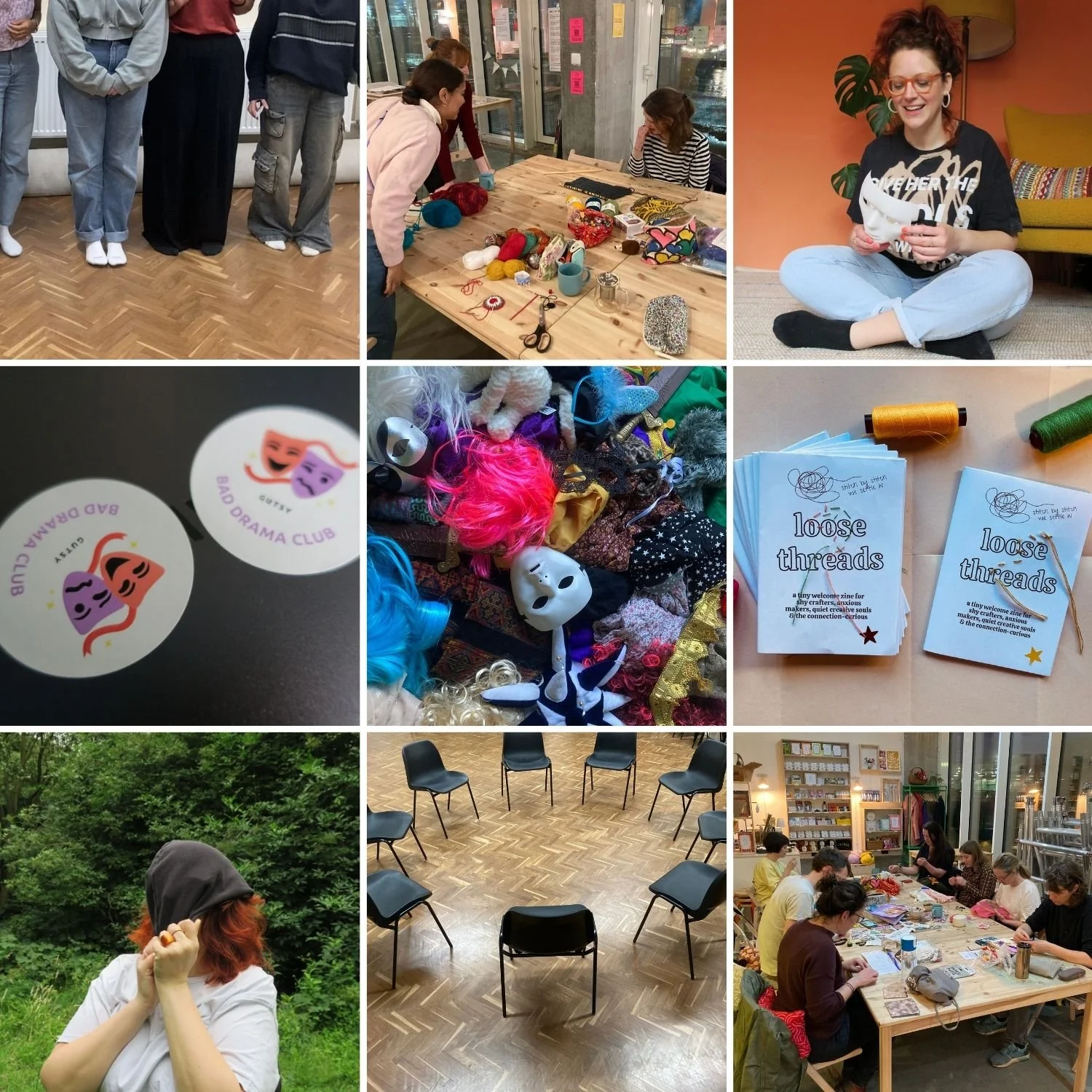 Photos of the Gutsy world - Susannah talking, chairs in a circle, dressing up clothes, people sitting together round a table, Bad Drama Club stickers, Loose Threads zines