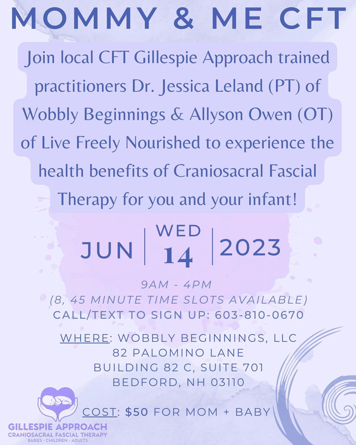 Very excited to partner with Dr. Jessica in three weeks to offer local mamas and their pre-crawling babies a joint CFT session. Each 45 minute time slot will consist of some baseline education regarding craniosacral fascial therapy, as well as a sess