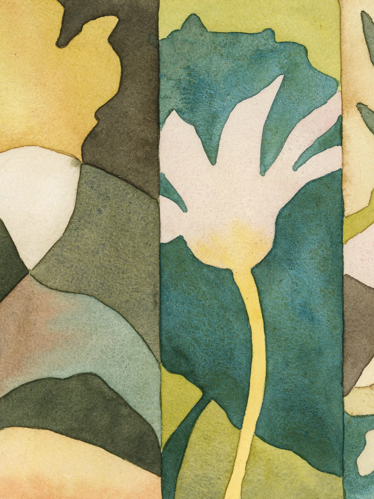 Pintura abstracta con formas de hojas en tonos verdes, amarillos, ocres, negros y rosados, con líneas y formas orgánicas.
