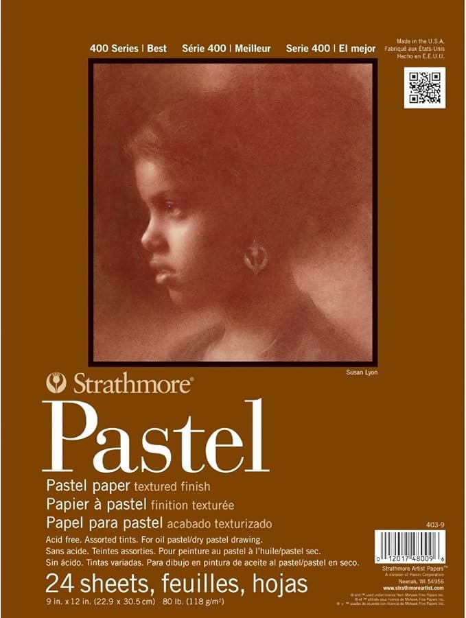 Paquete de papel de pasteles de 24 hojas, color marrón y dorado, con una imagen artística de una mujer de perfil, cabello rizado y pendientes, y texto en inglés y francés que describe el producto.