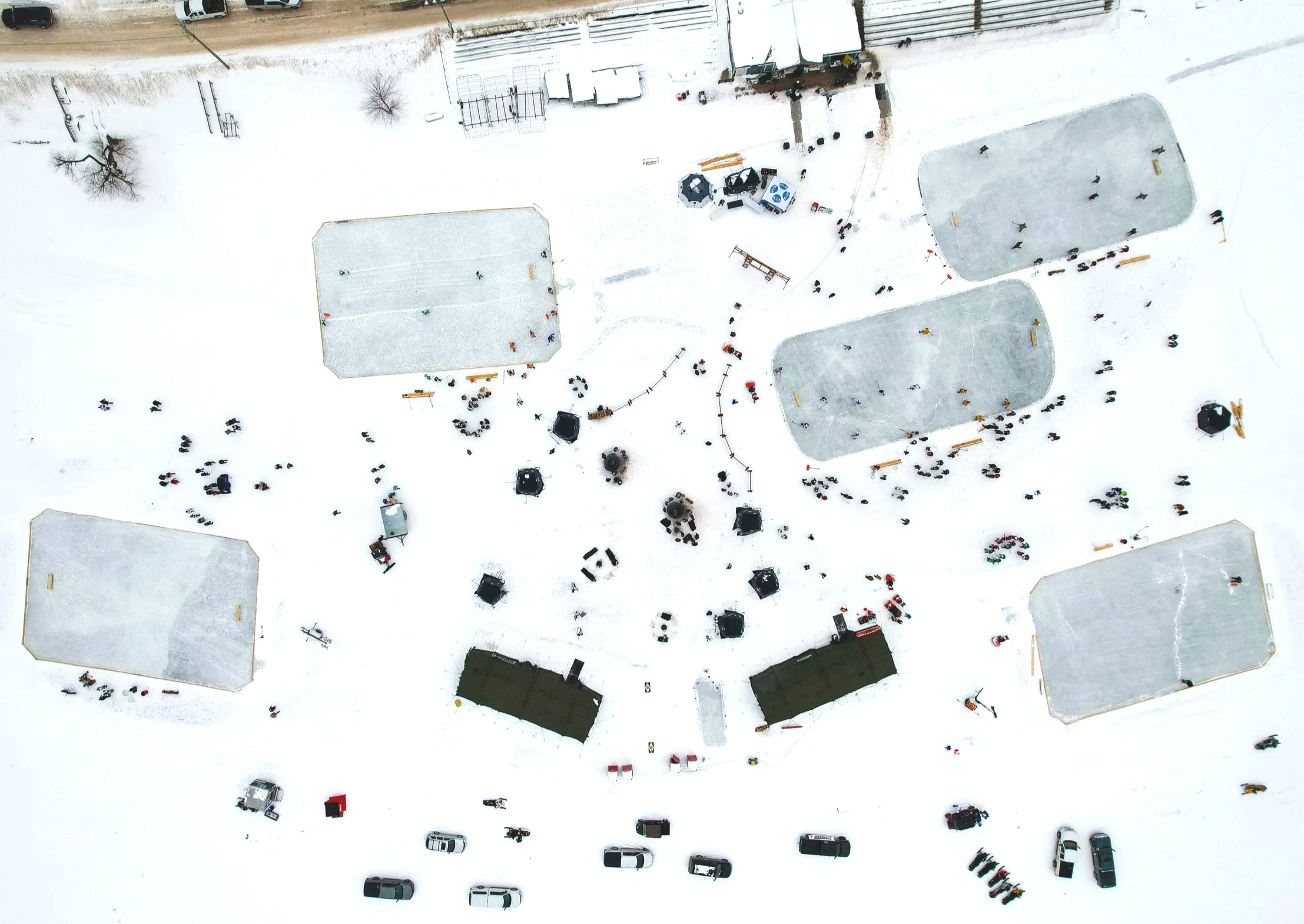 birds eye view of American Pond Hockey 2026 in Minocqua, Wisconsin at the Aqua bowl on lake minocqua