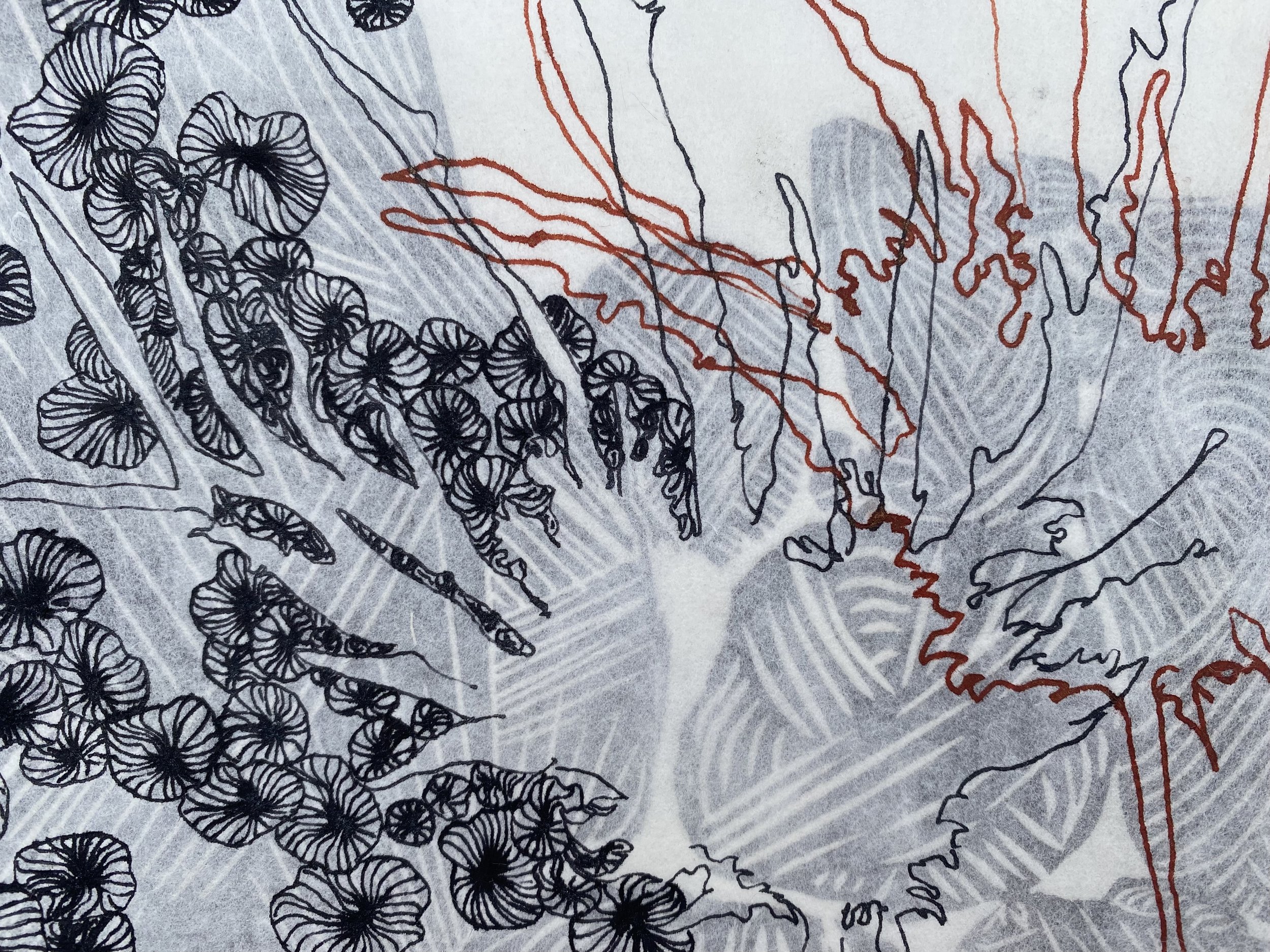 Prickly Medicine, relief printmaking, drawing, collage on paper