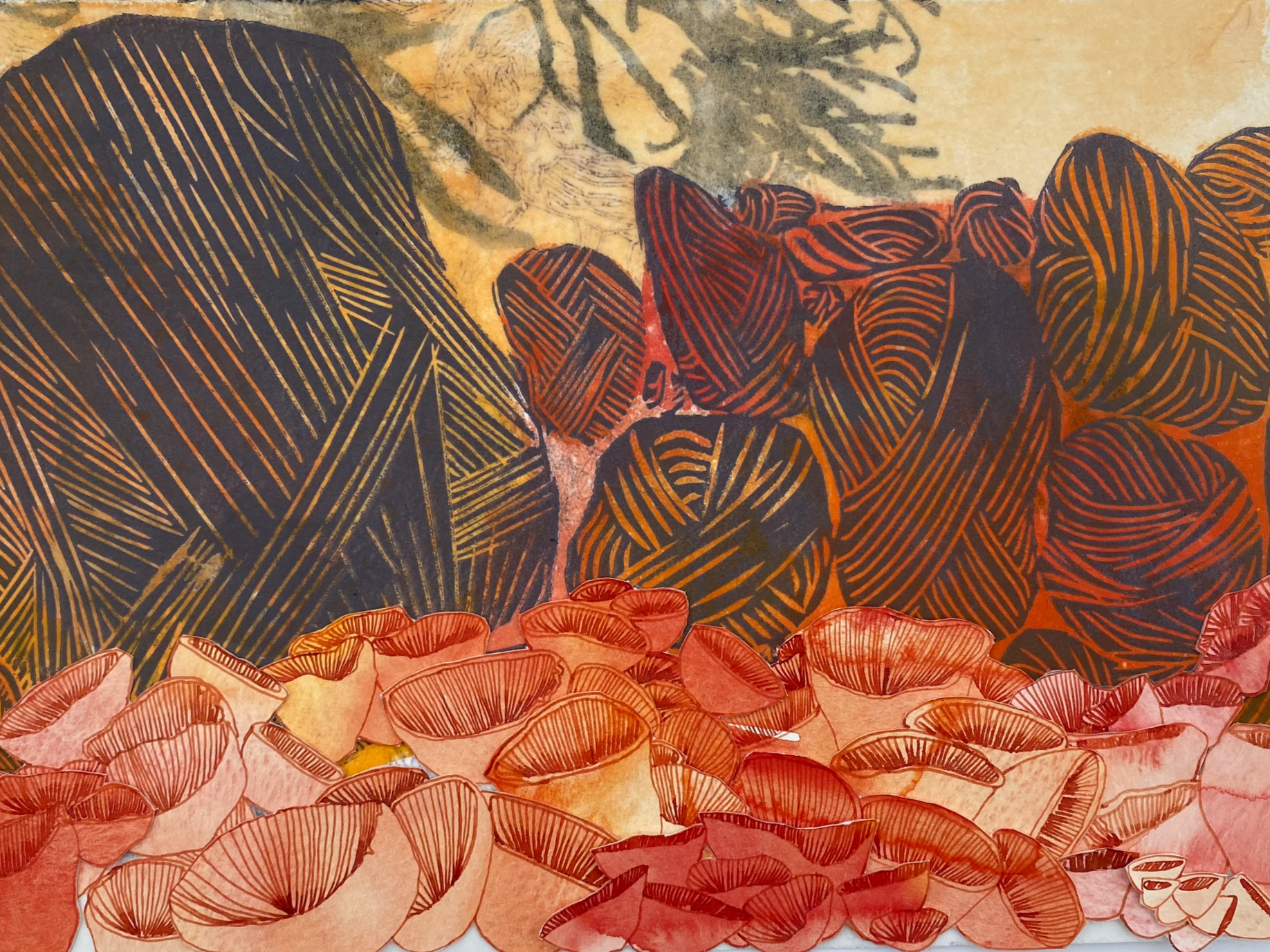Ears on the Ground, relief printmaking, ink, watercolor, collage on paper