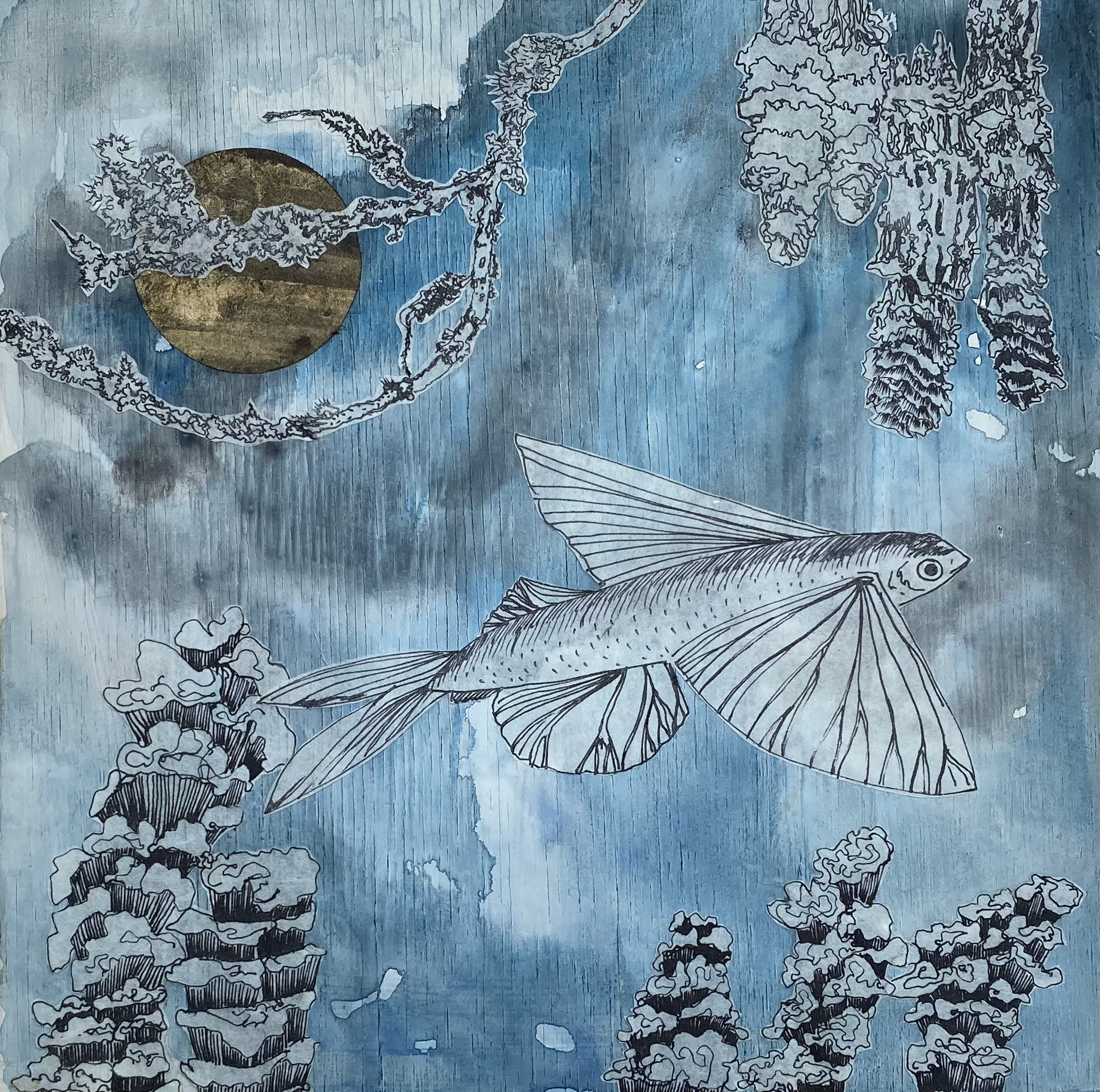 Page of Cups, mixed media on board